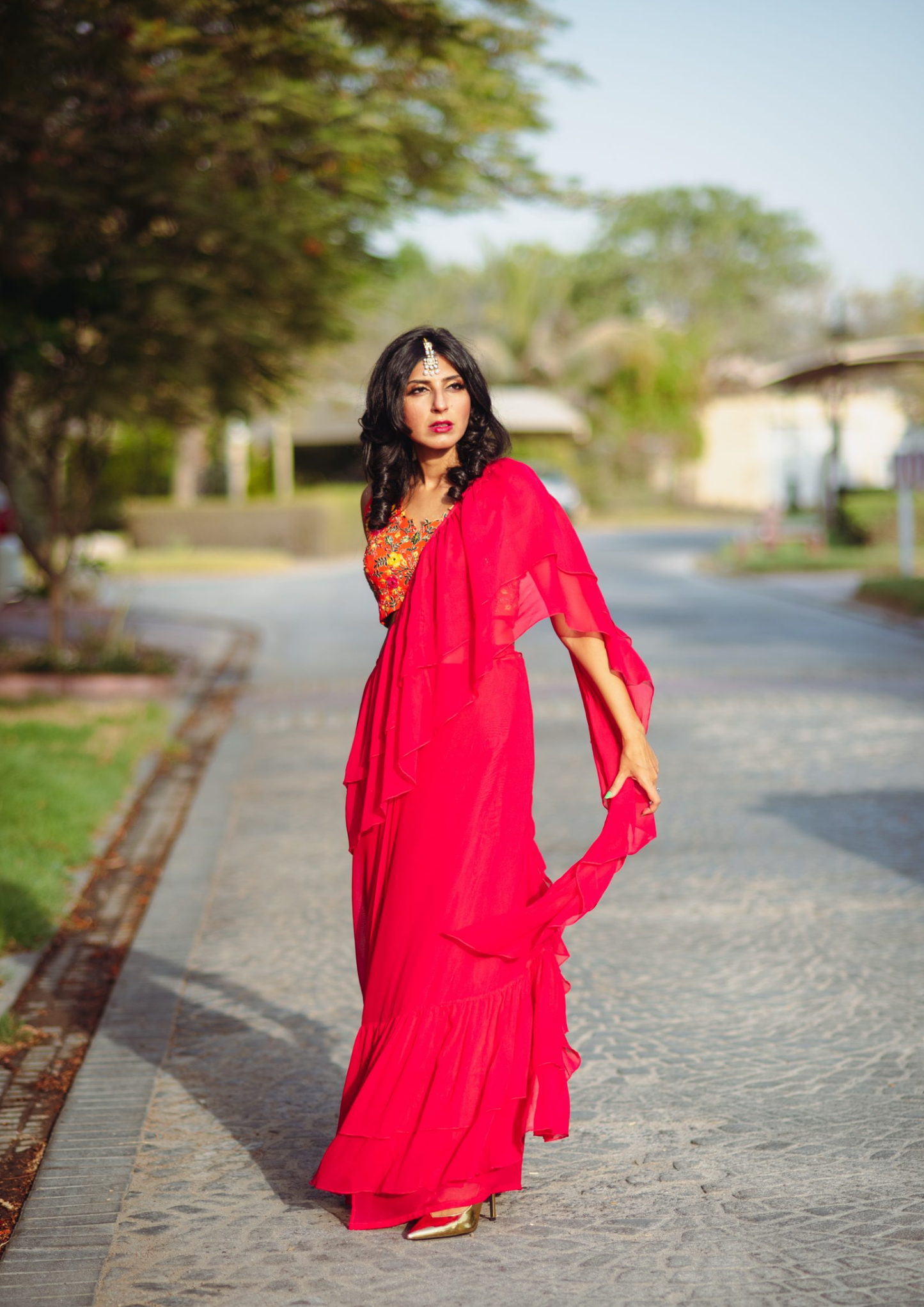 Pink Pre- Stitched Ruffled Saree and Blouse
