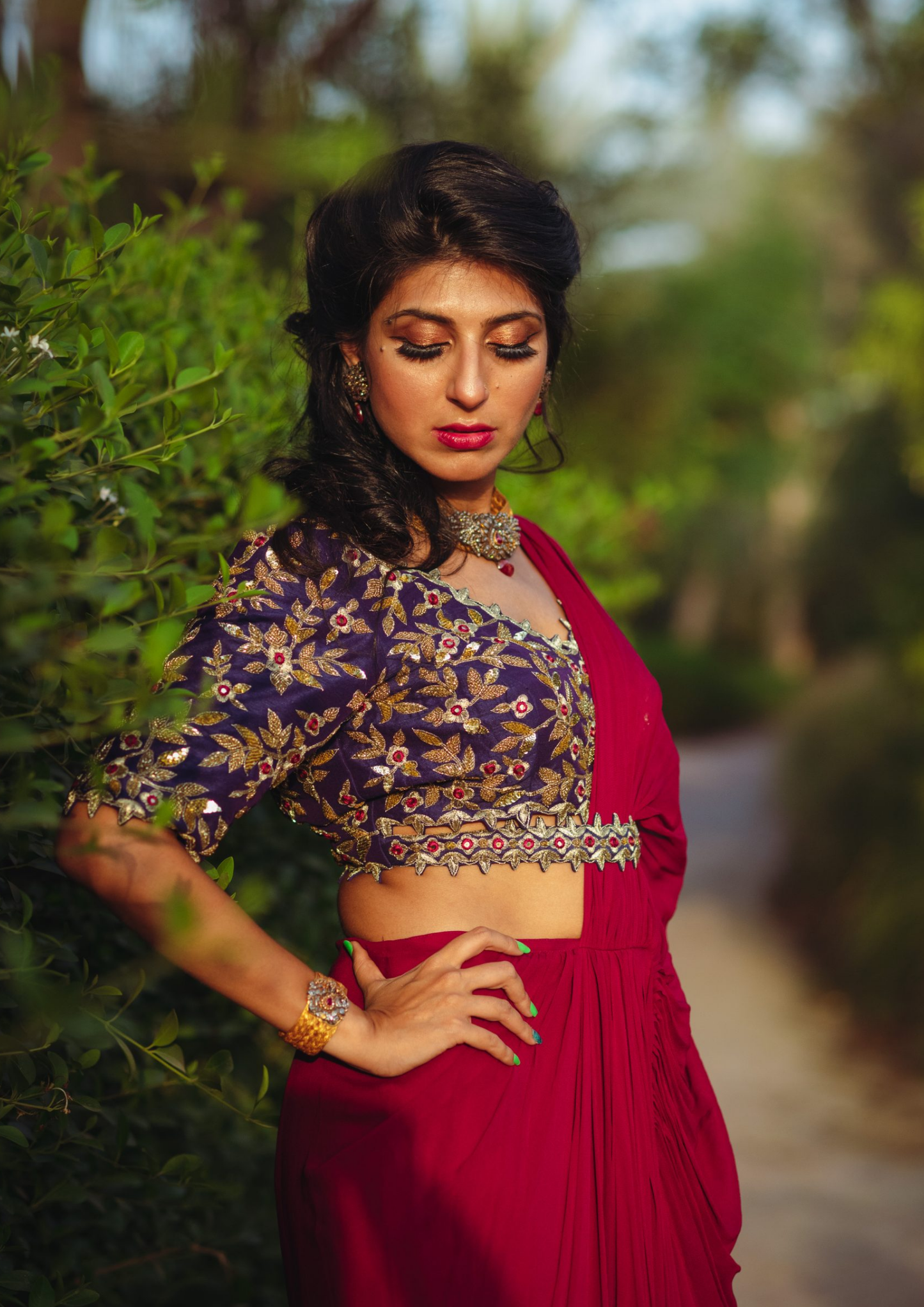 Sorbet Wine and Purple Pre- Stitched Ruffled Saree and Blouse.