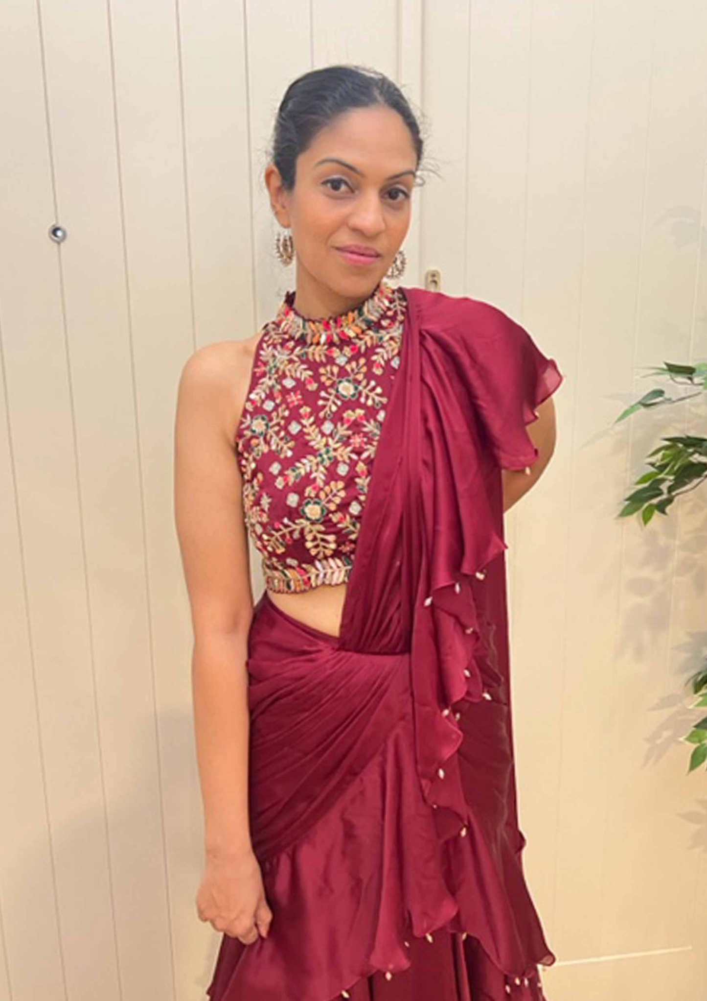 Akira Wine Colored Pre- Stitched Waterfall Draped Saree and Blouse.