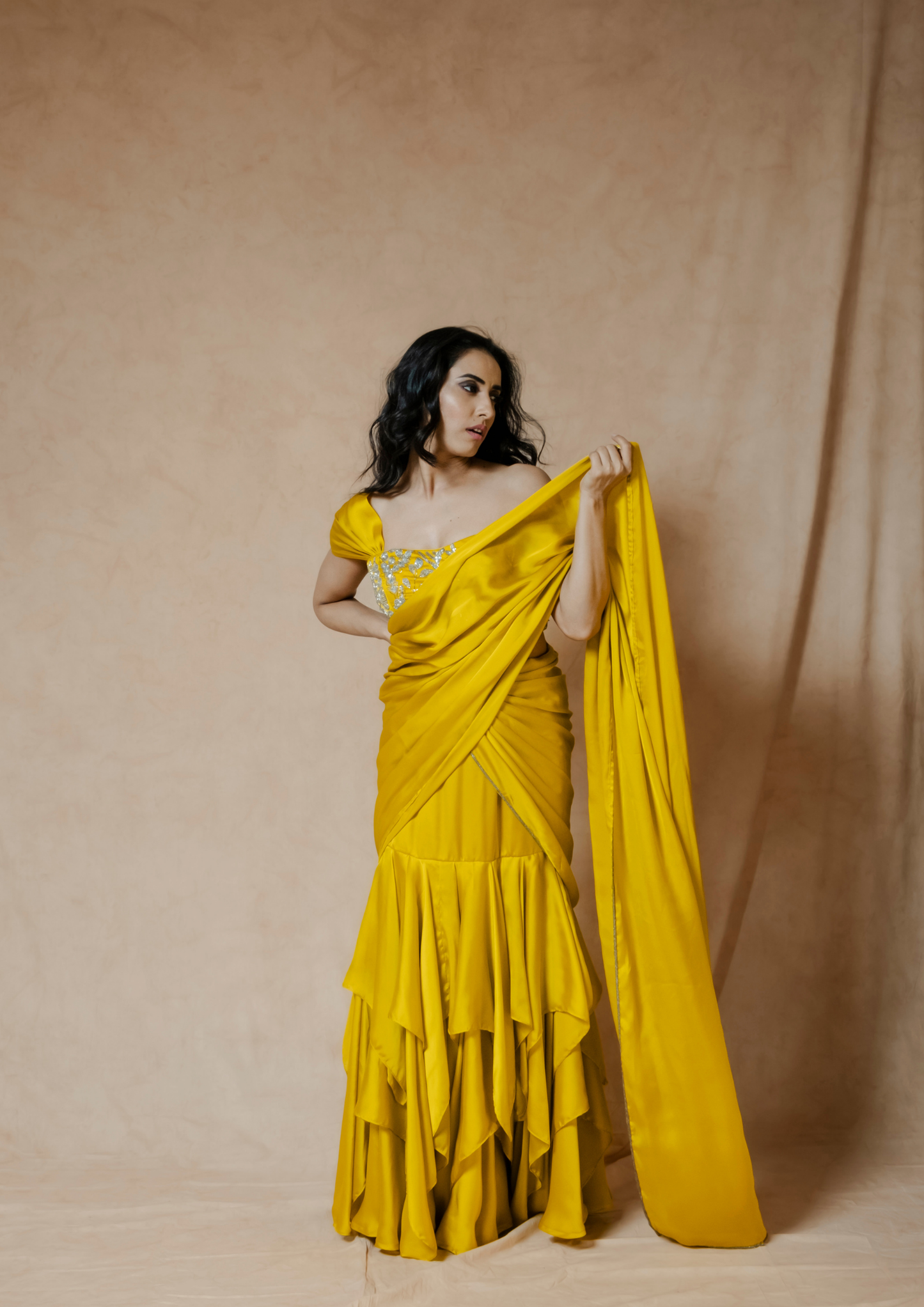 Noor Mustard waterfall Pre-stitched Saree Set