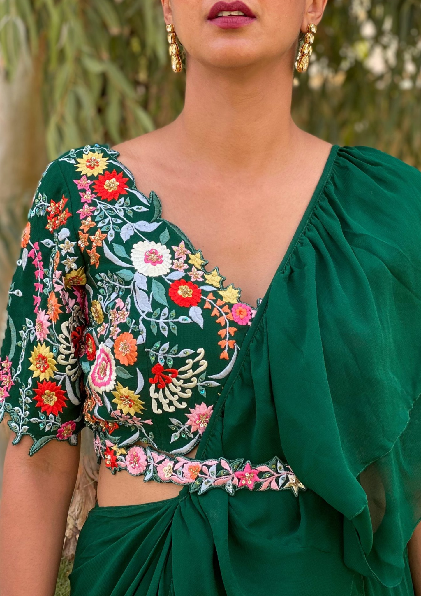 Sorbet Emerald Green Pre- Stitched Ruffled Saree and Blouse.