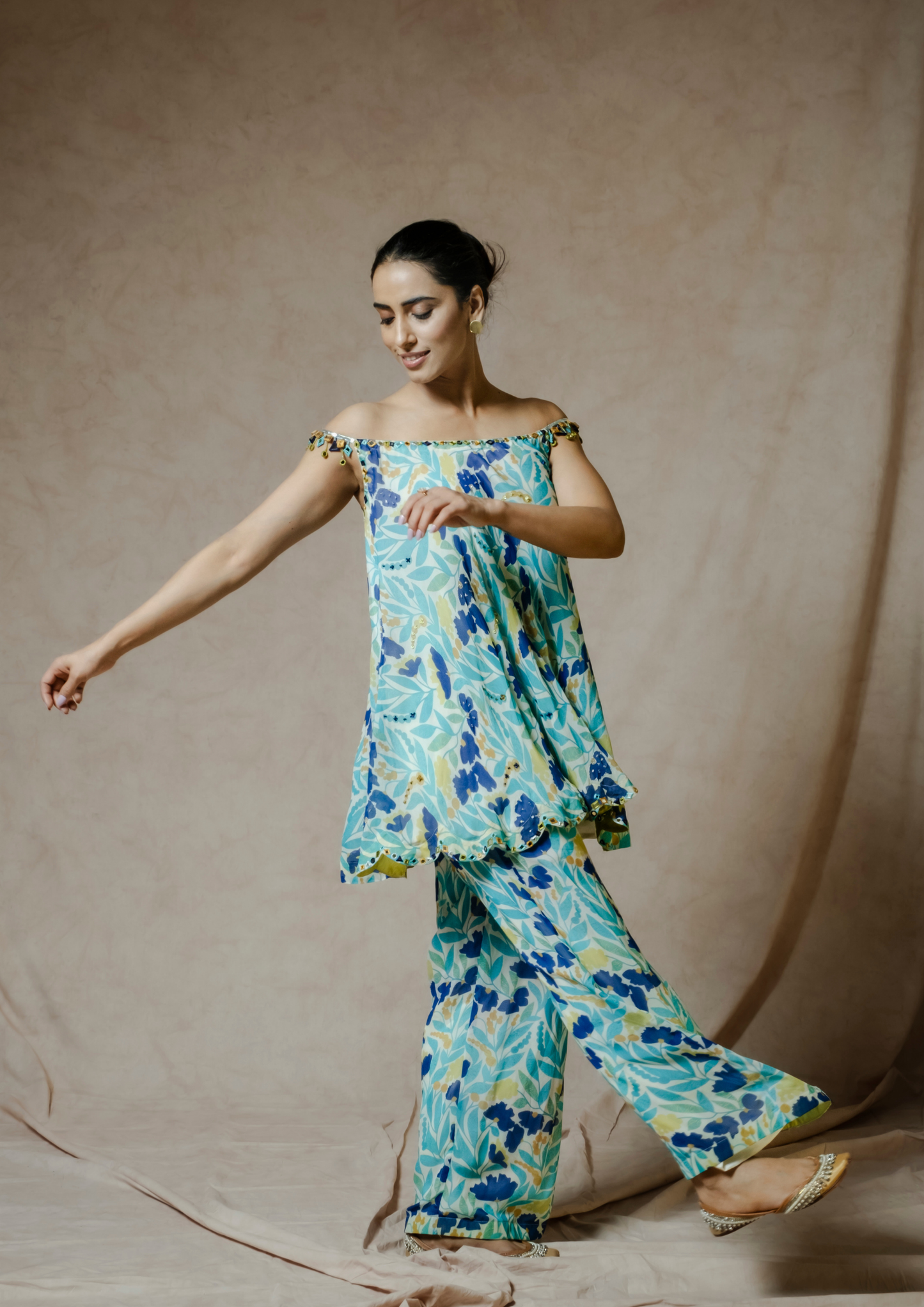 Noor Floral 3D Appliquéd Kurta Set in Blue and Mustard.