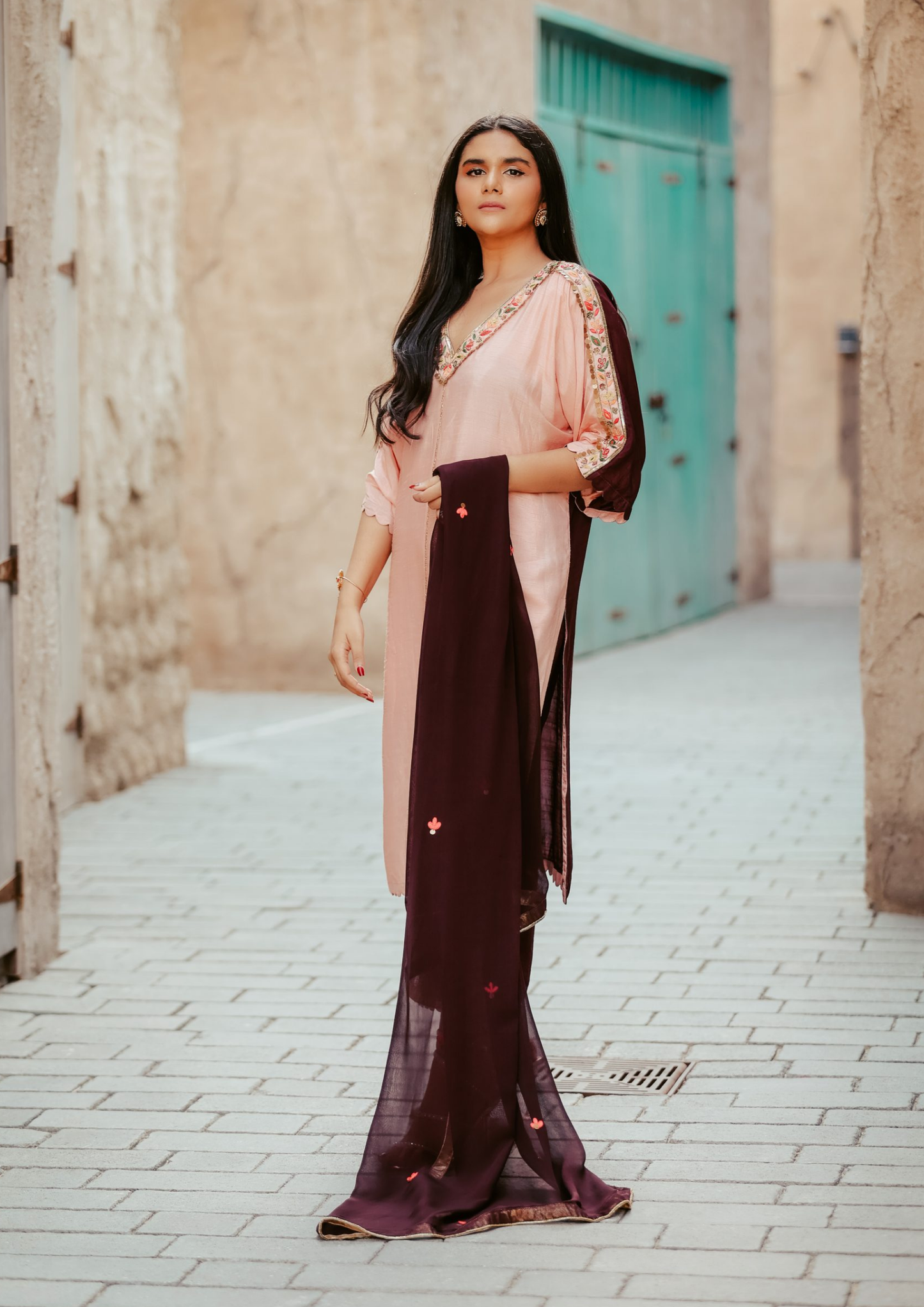 Sorbet Maya Dusty Pink and Wine Dual Toned Kurta Set