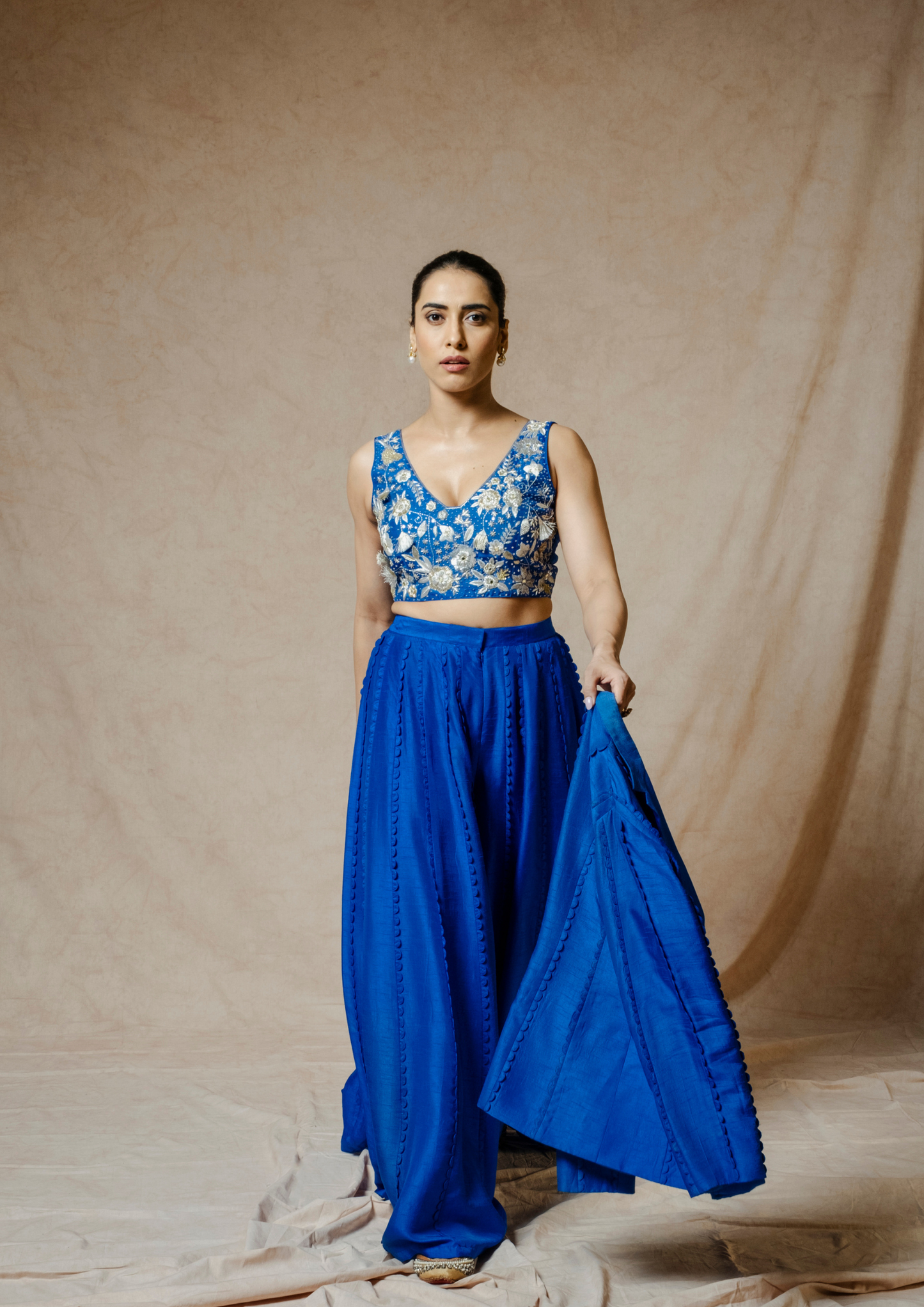 Noor Royal Blue colored Scallop Appliquéd Blazer and Flared Pant Set.