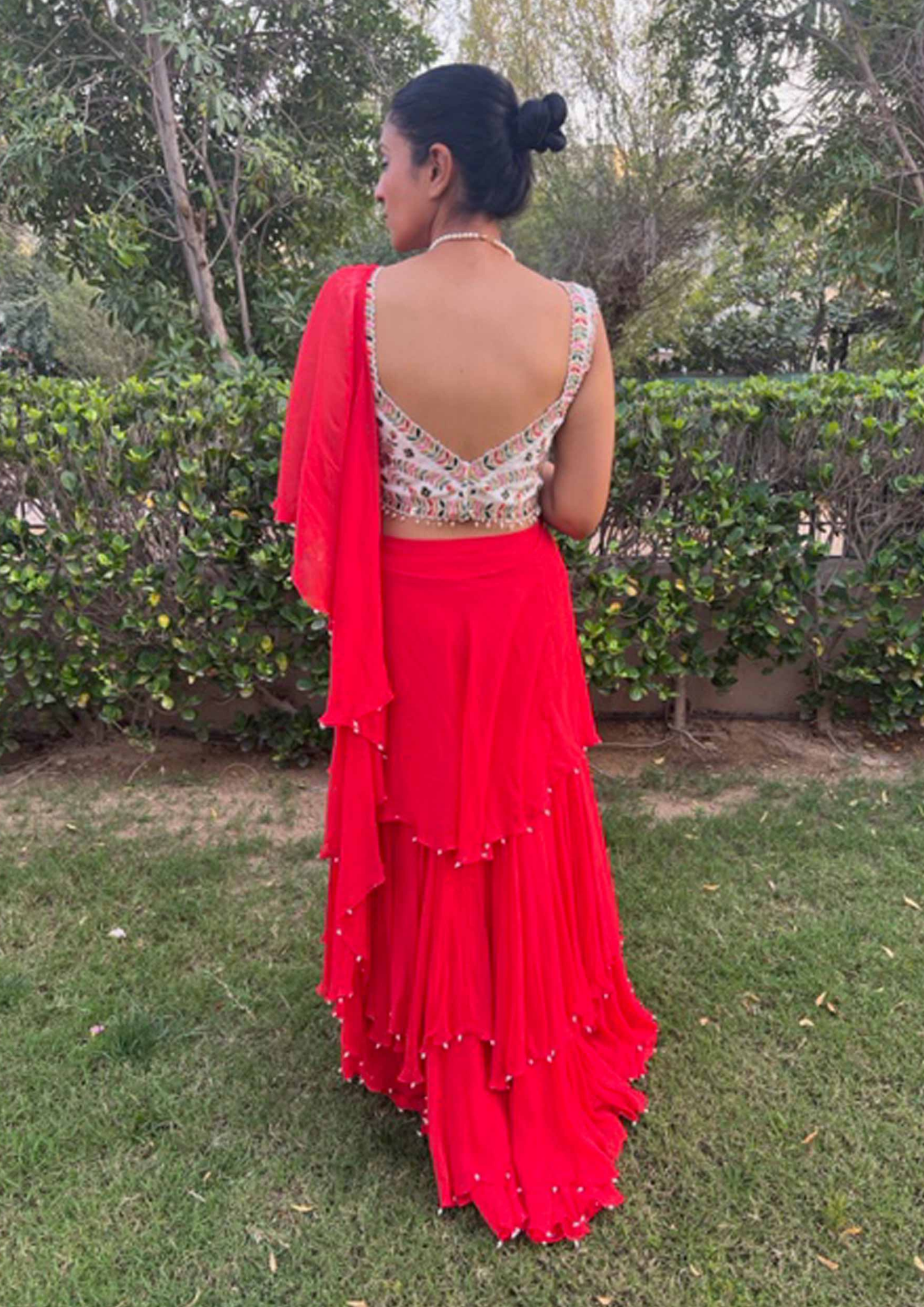 Akira Orange and Cream Pre- Stitched Waterfall Draped Saree and Blouse.