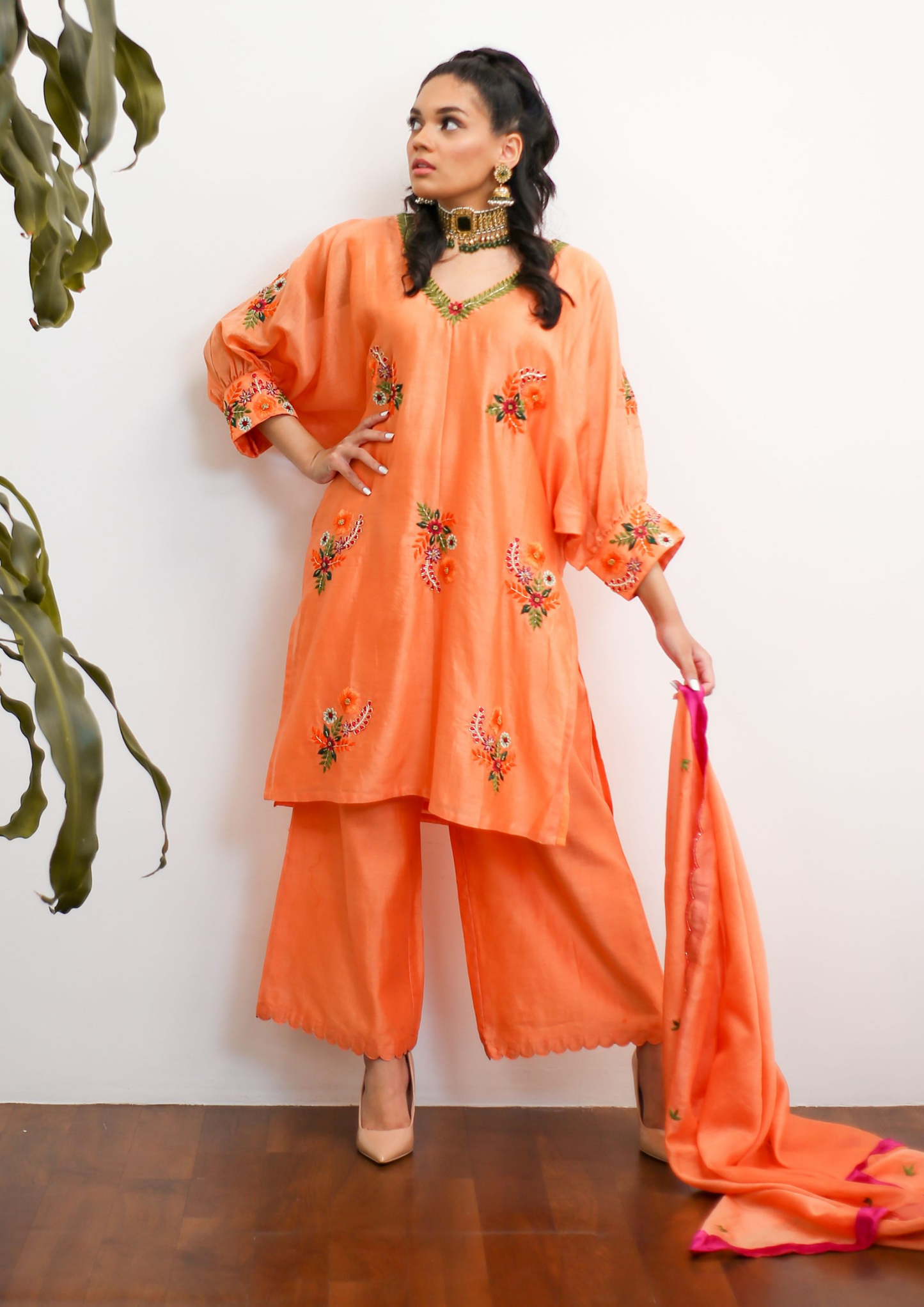 Sorbet Phool Burnt Orange Kaftan Kurta Set.