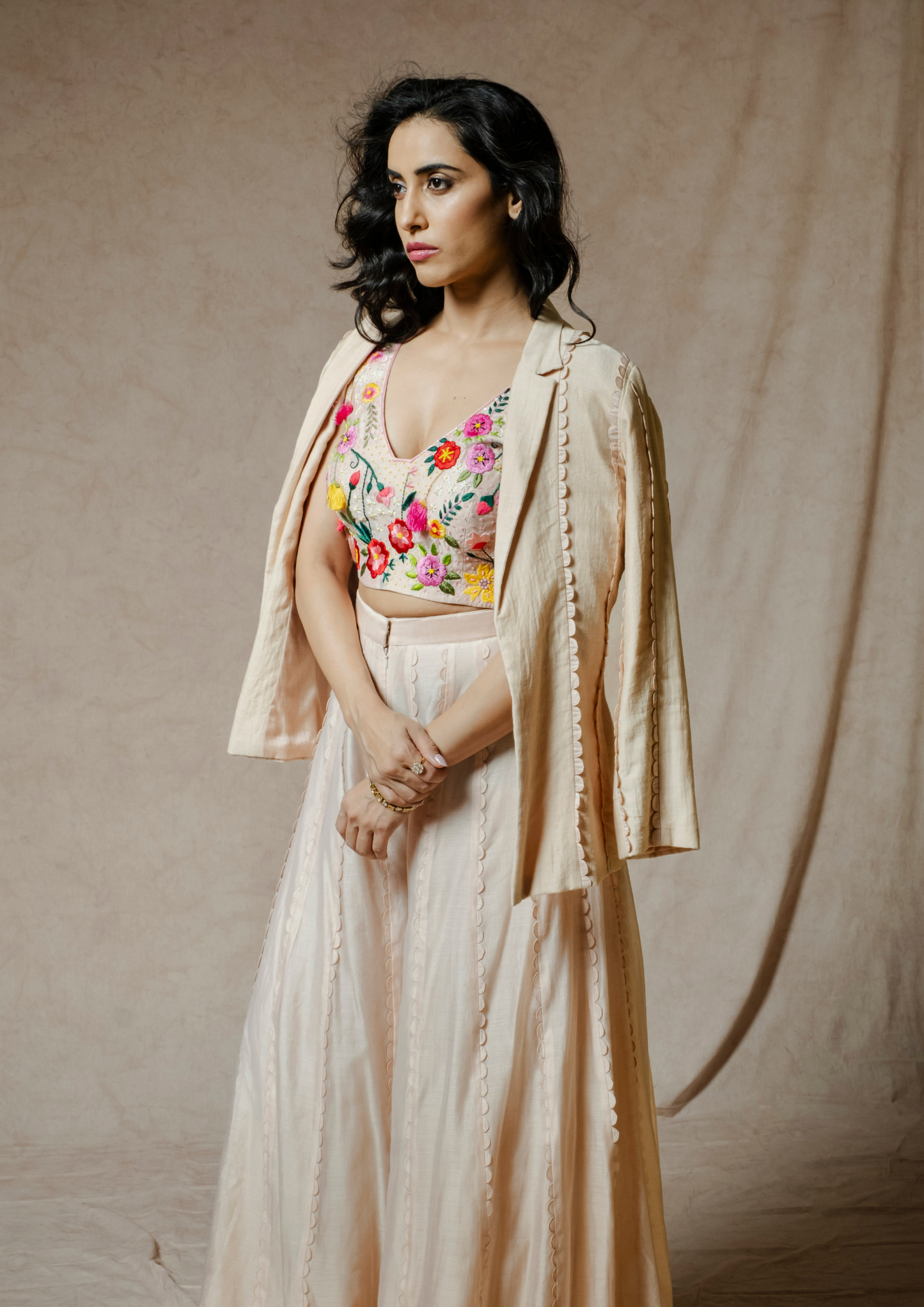 Noor Champagne colored Scallop Appliquéd Blazer and Flared Pant Set.