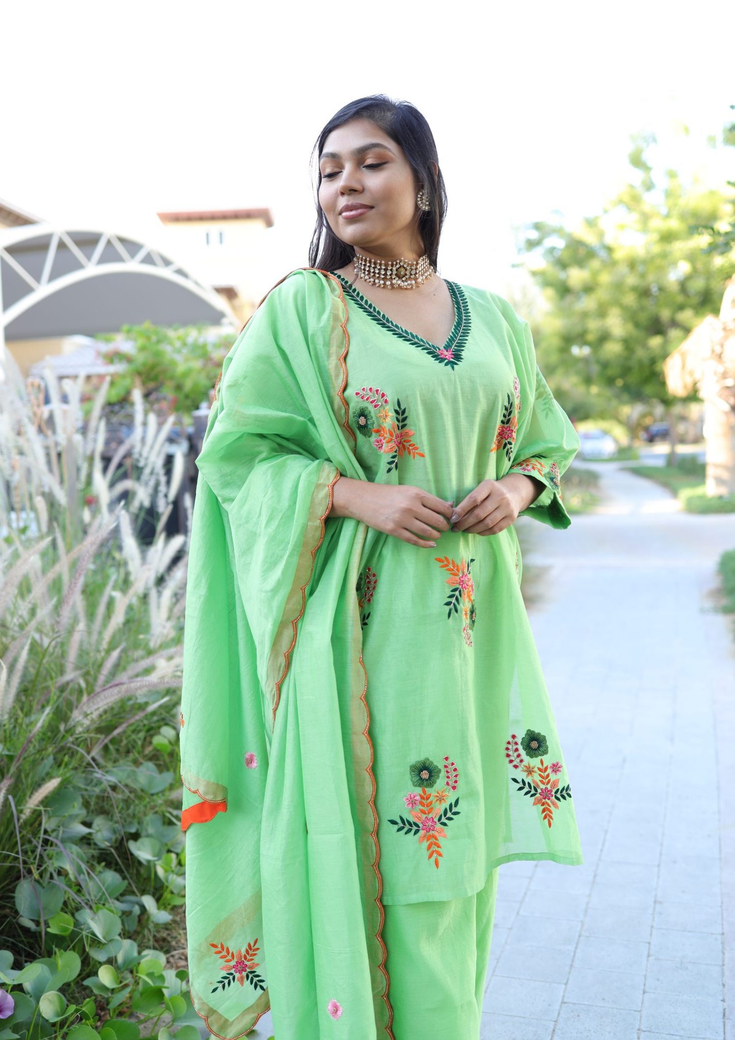 Sorbet Phool Green Kaftan Kurta Set.