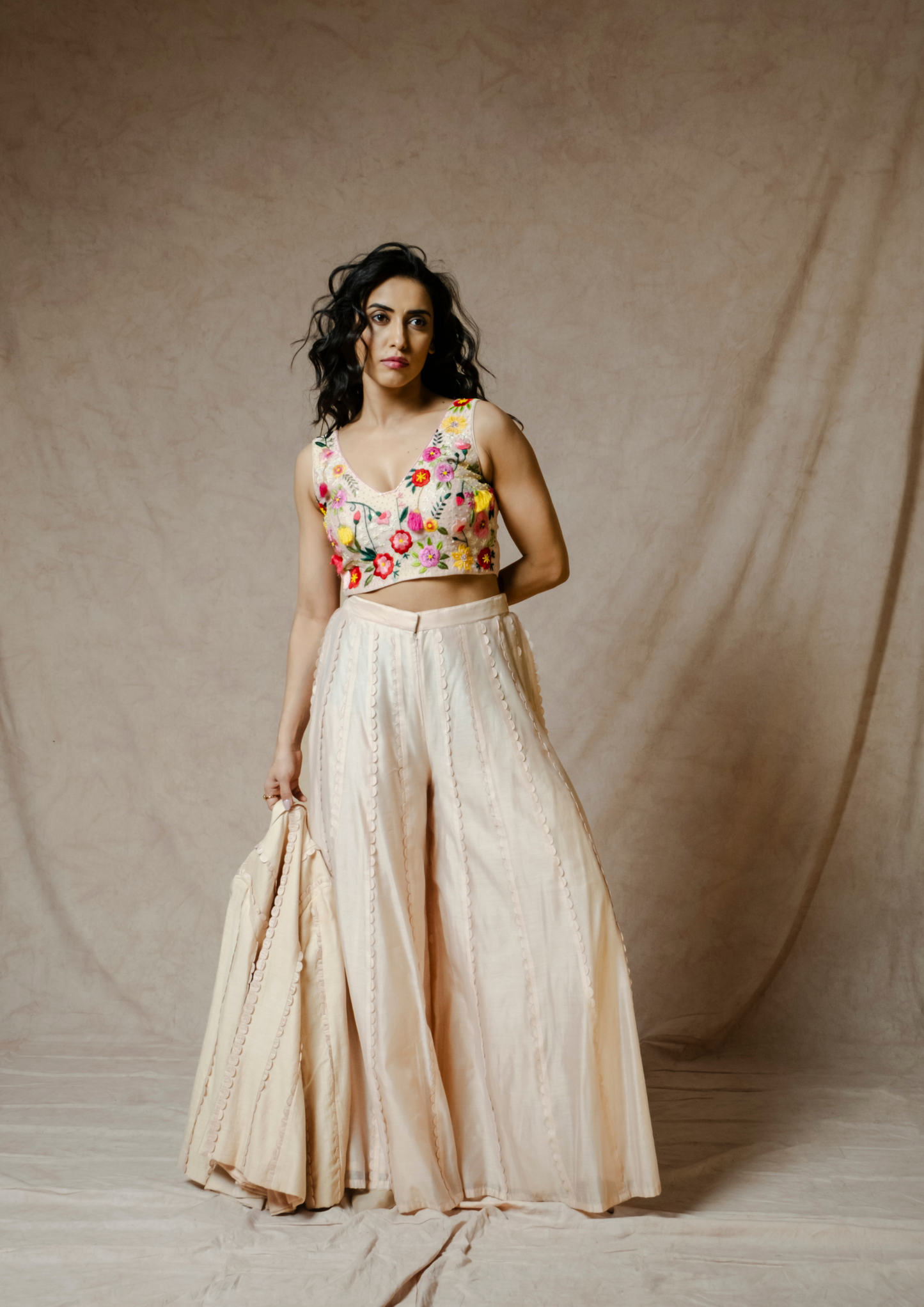 Noor Champagne colored Scallop Appliquéd Blazer and Flared Pant Set.