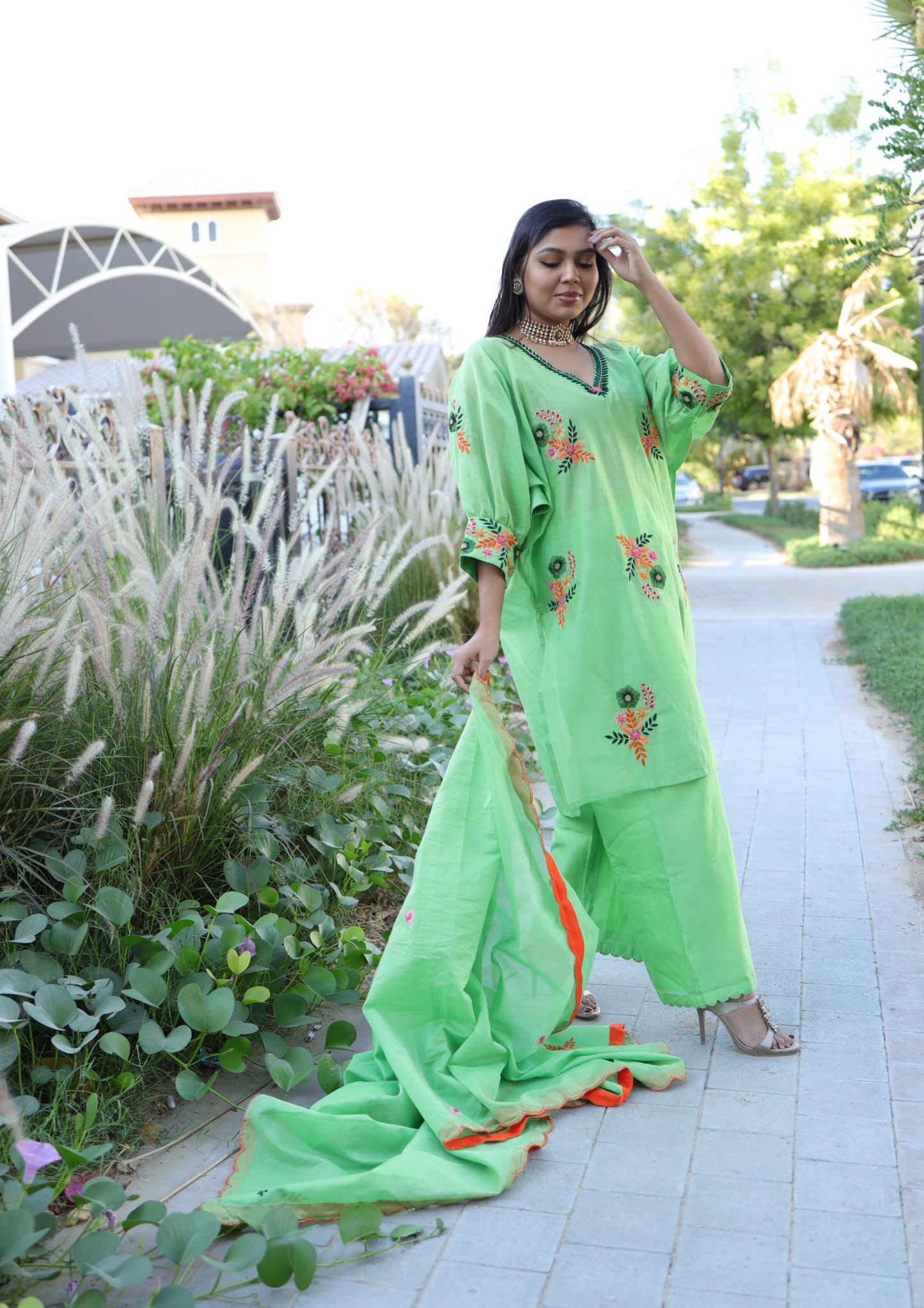 Sorbet Phool Green Kaftan Kurta Set.