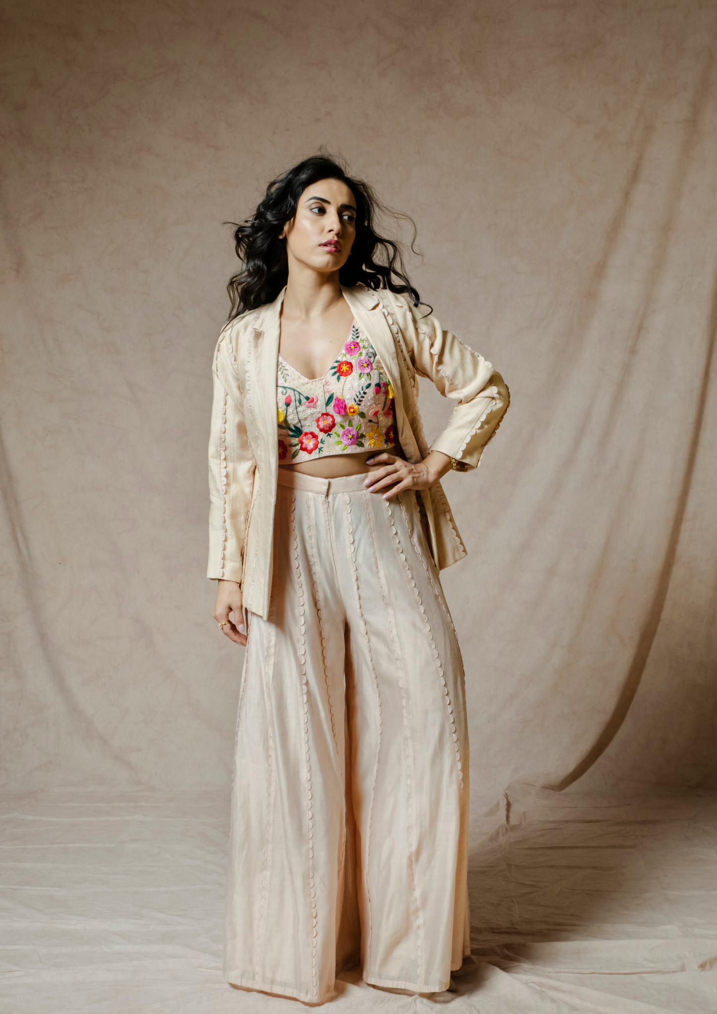 Noor Champagne colored Scallop Appliquéd Blazer and Flared Pant Set.