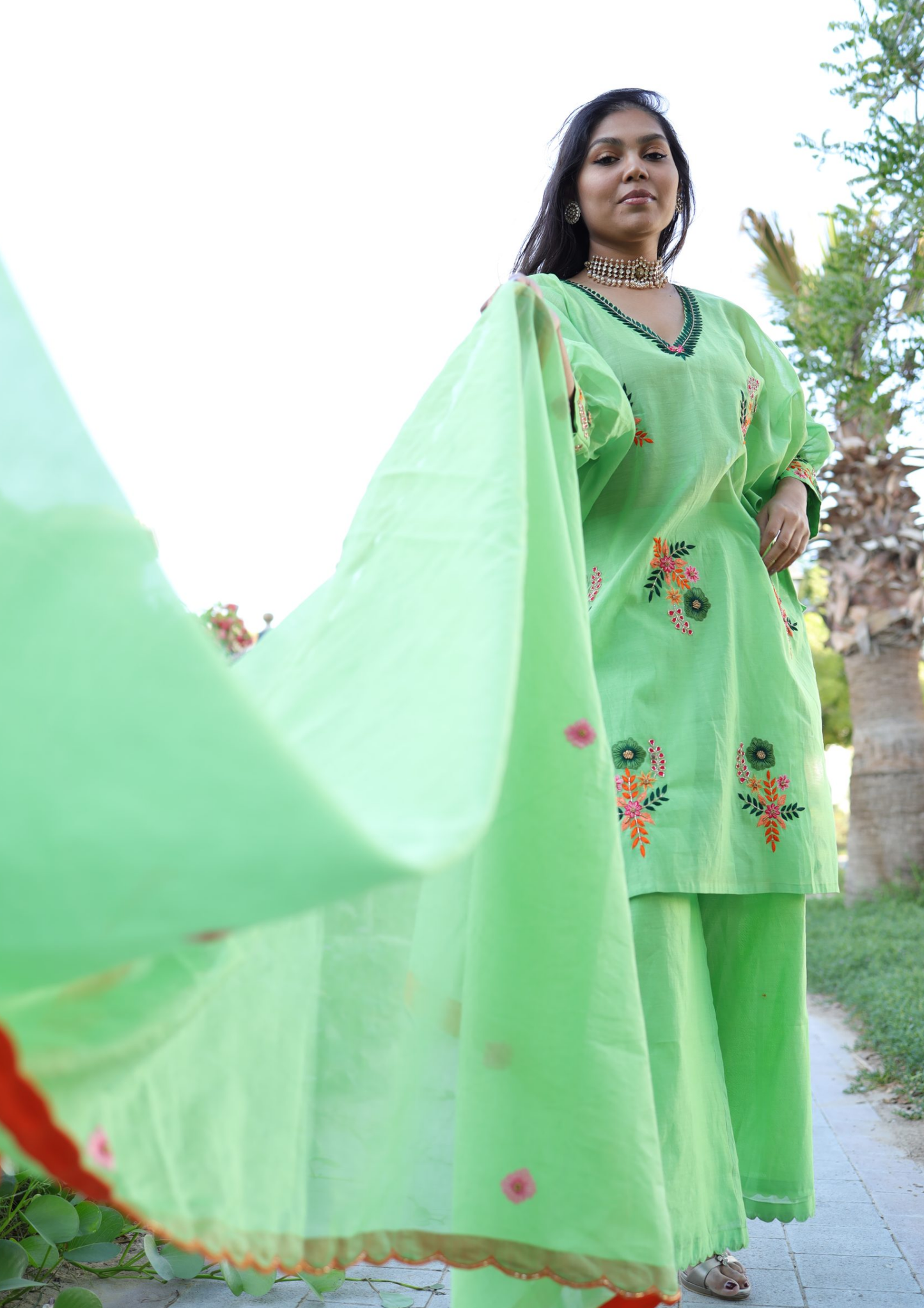 Sorbet Phool Green Kaftan Kurta Set.