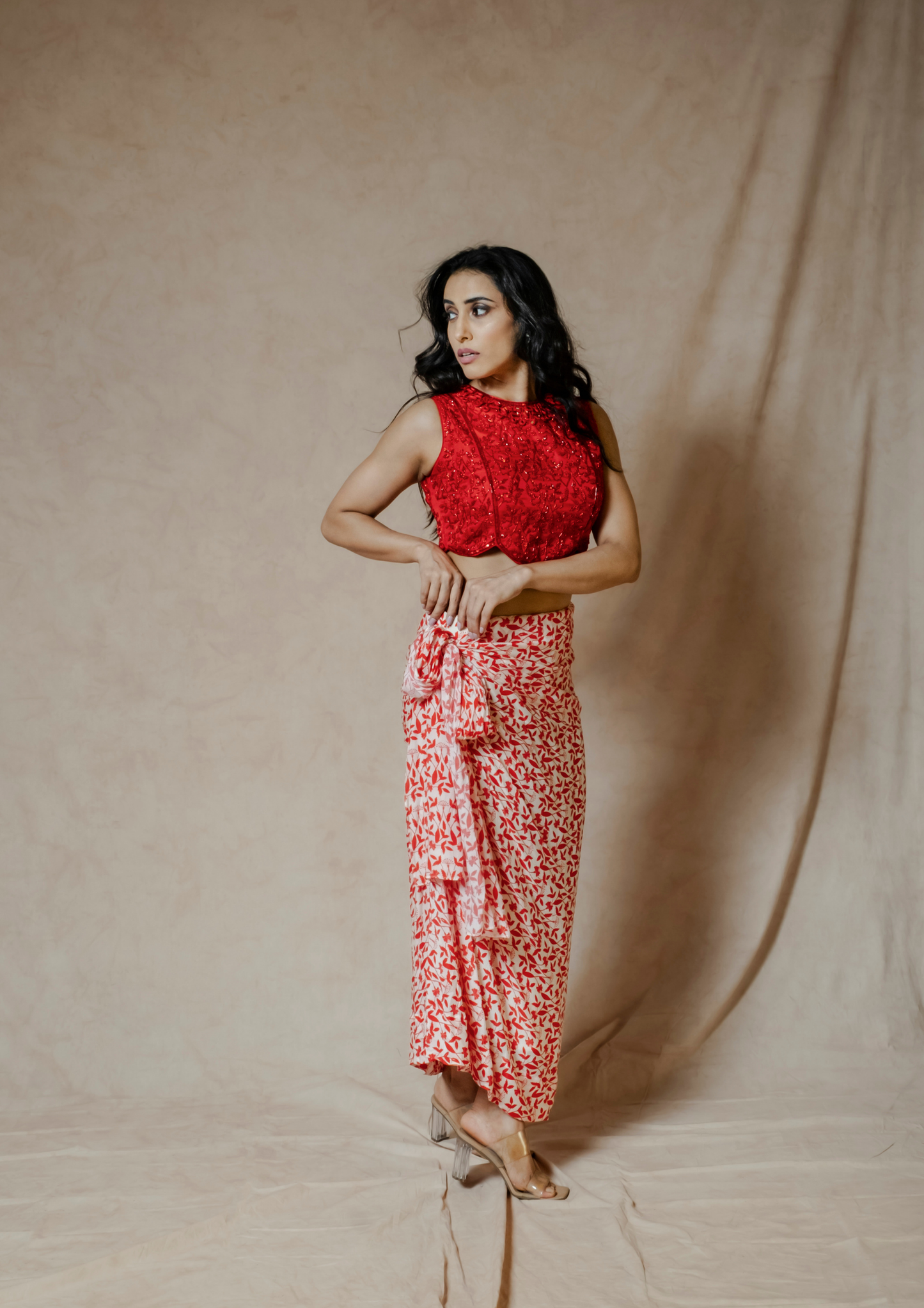 Noor Red and White Floral Draped Skirt.