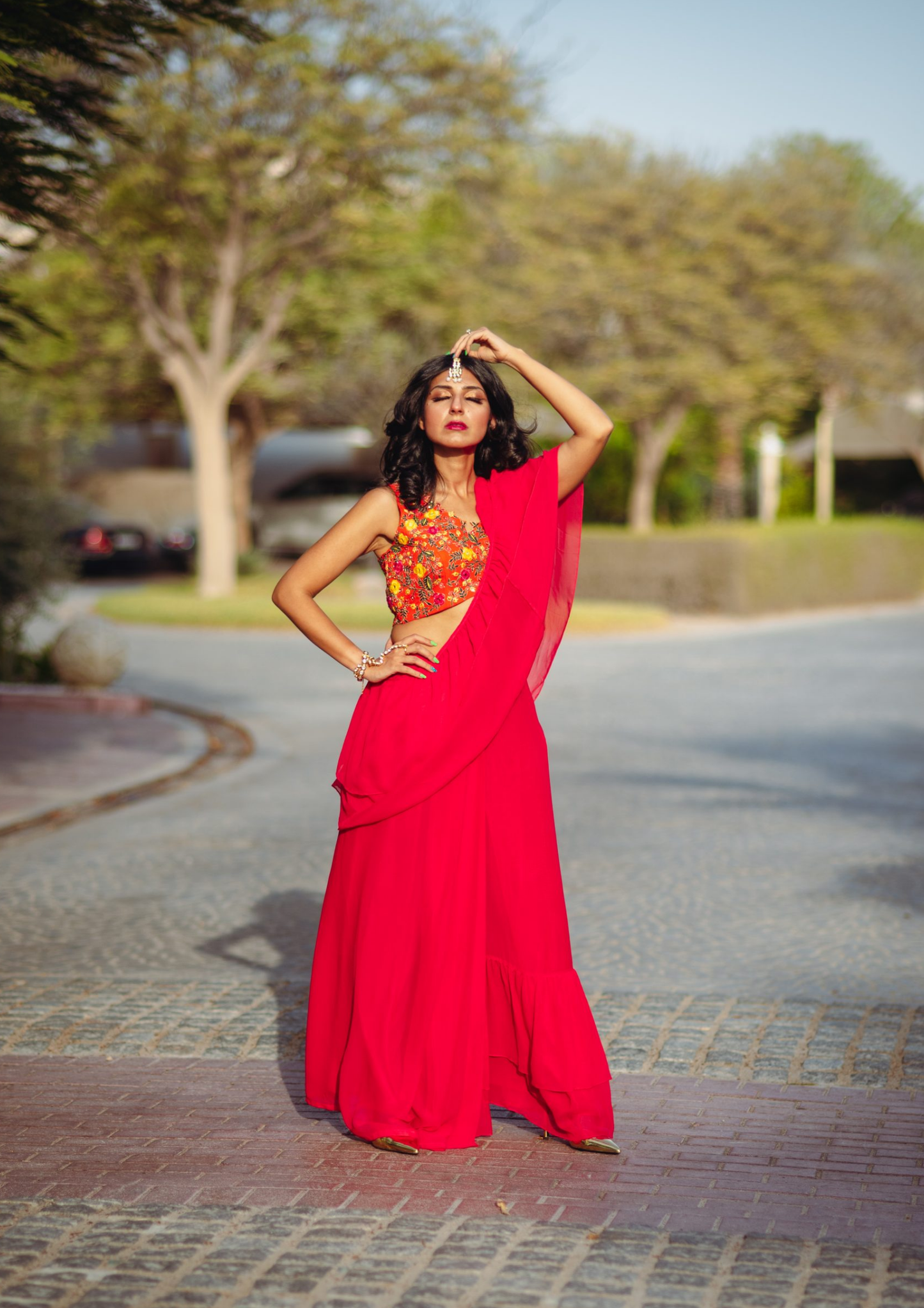 Pink Pre- Stitched Ruffled Saree and Blouse