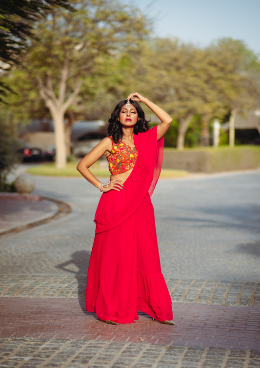 Pink Pre- Stitched Ruffled Saree and Blouse