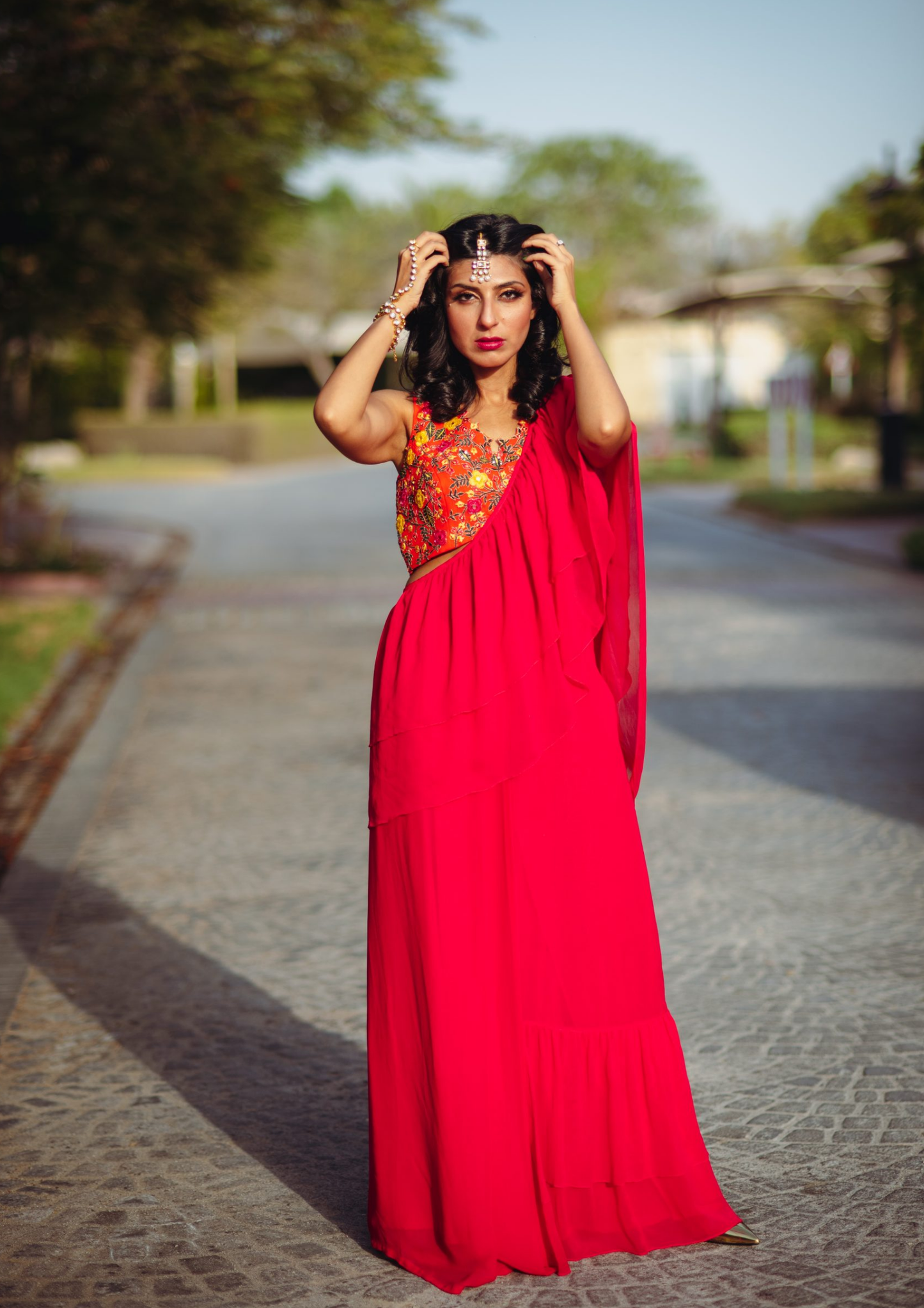 Pink Pre- Stitched Ruffled Saree and Blouse
