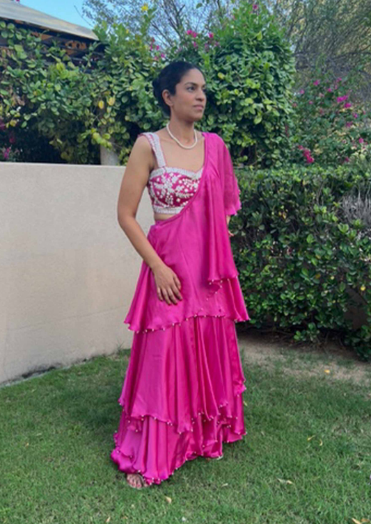Akira Pink Pre- Stitched Waterfall Draped Saree and Blouse.