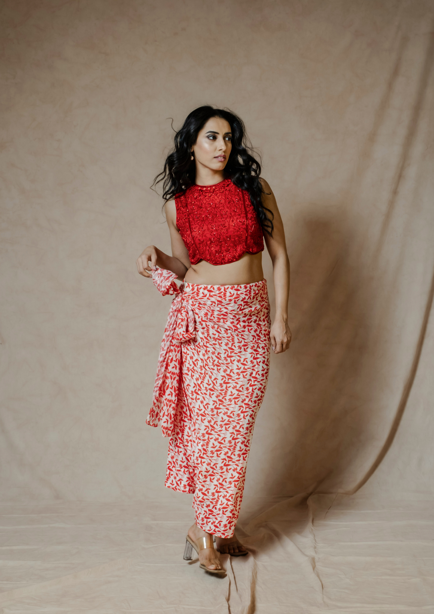 Noor Red and White Floral Draped Skirt.