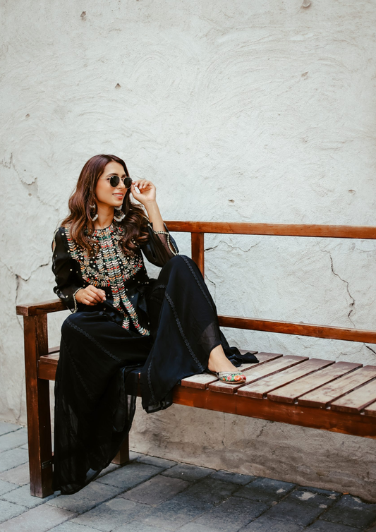 Sorbet Rani Black Jumpsuit and Jacket Set.