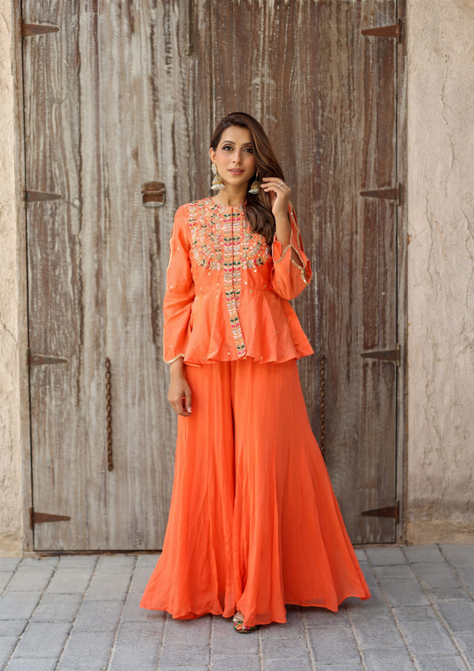 Sorbet Rani Tangerine Jumpsuit and Jacket Set.