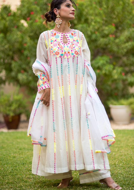 Akira Araya White and Neon Anarkali Kurta Set