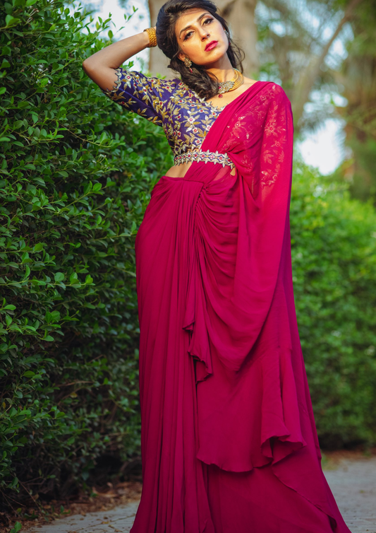 Sorbet Wine and Purple Pre- Stitched Ruffled Saree and Blouse.