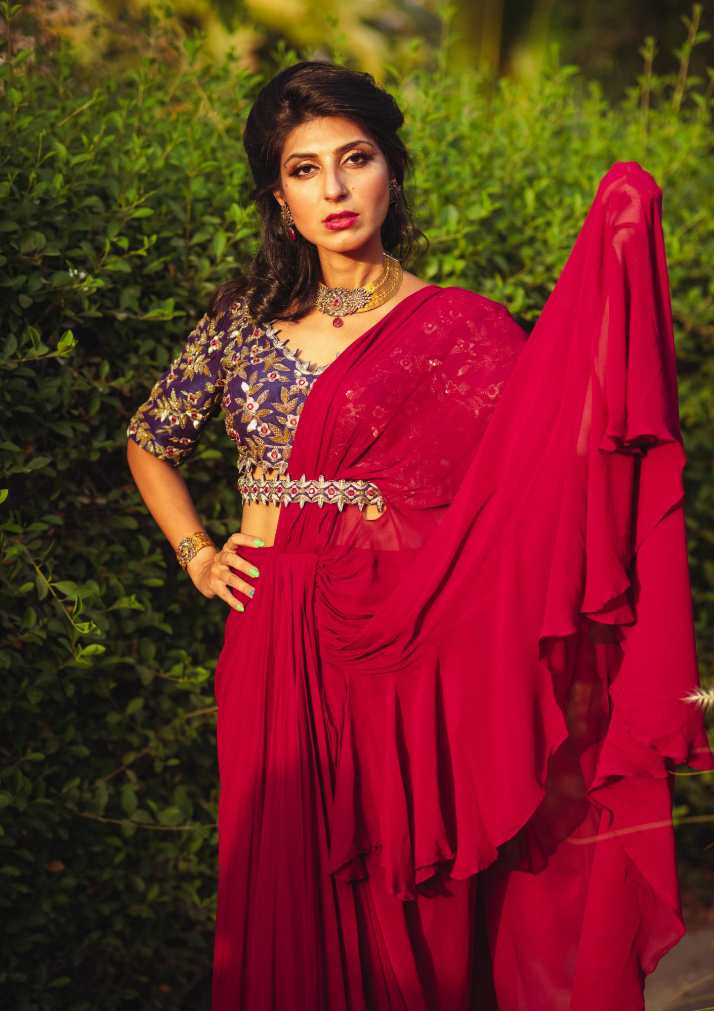 Sorbet Wine and Purple Pre- Stitched Ruffled Saree and Blouse.