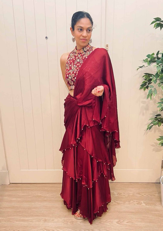 Akira Wine Colored Pre- Stitched Waterfall Draped Saree and Blouse.
