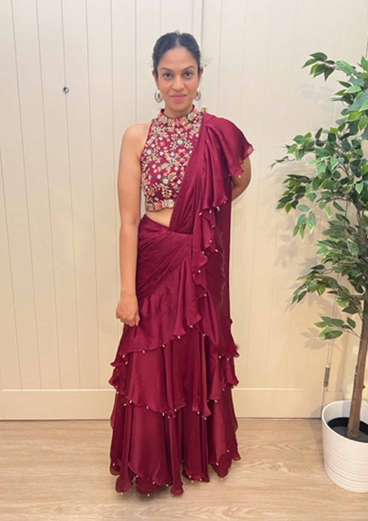 Akira Wine Colored Pre- Stitched Waterfall Draped Saree and Blouse.