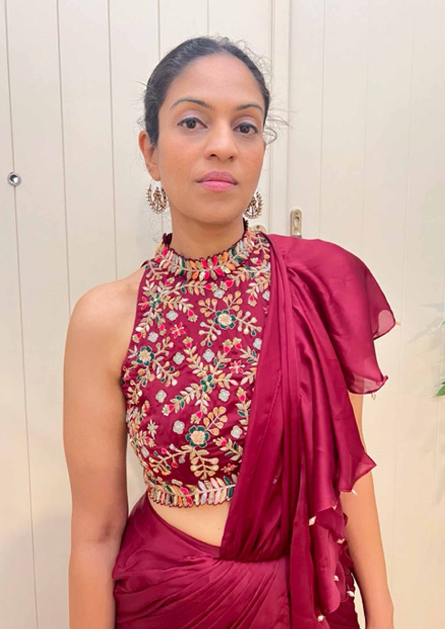 Akira Wine Colored Pre- Stitched Waterfall Draped Saree and Blouse.