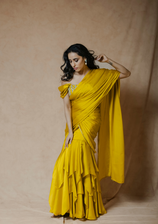 Noor Mustard waterfall Pre-stitched Saree Set
