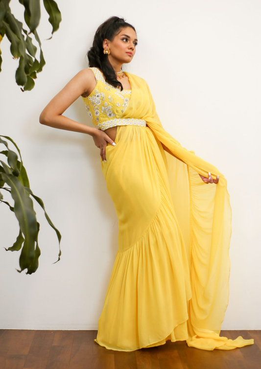 Sorbet Yellow Pre- Stitched Ruffled Saree and Blouse