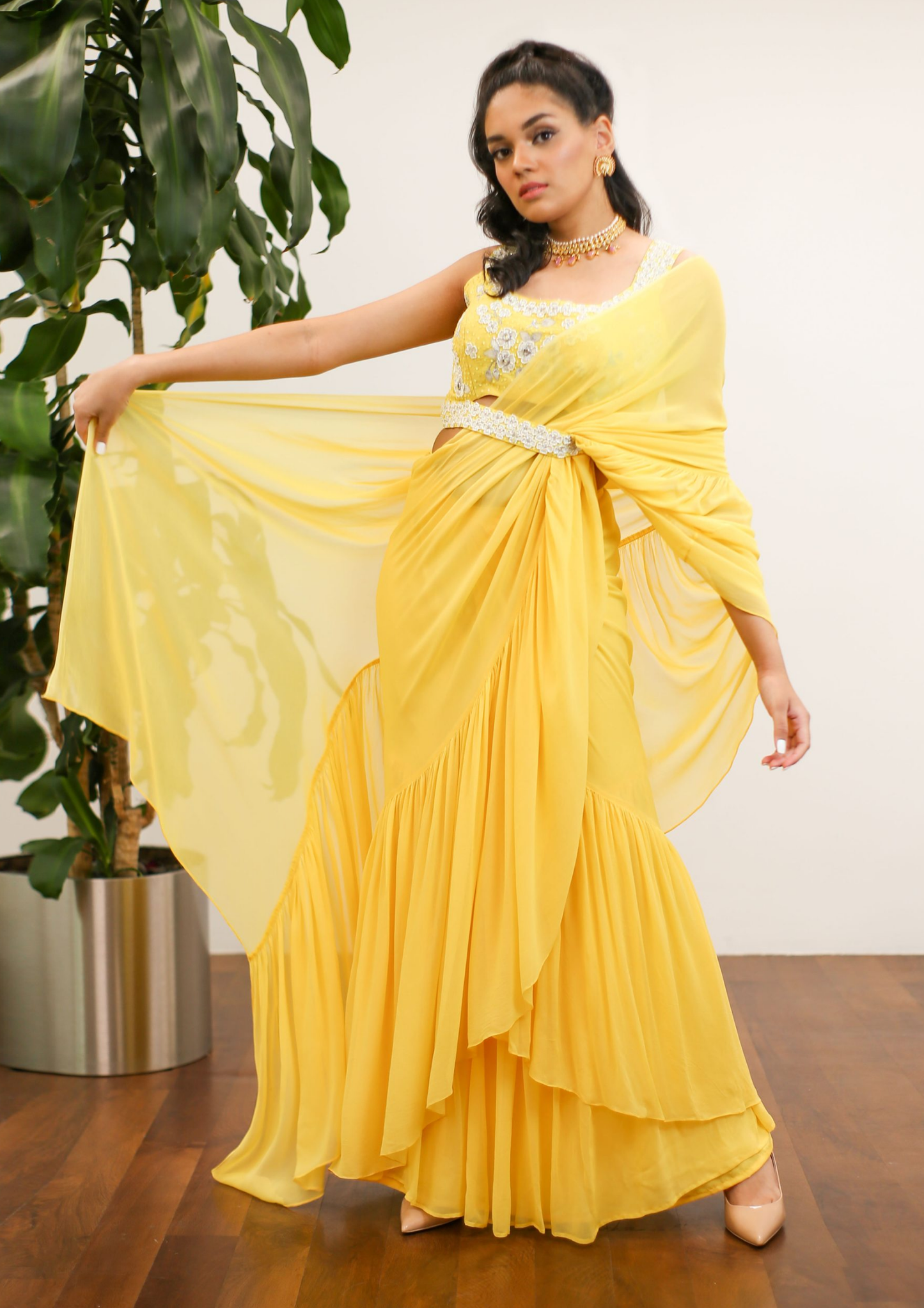 Sorbet Yellow Pre- Stitched Ruffled Saree and Blouse