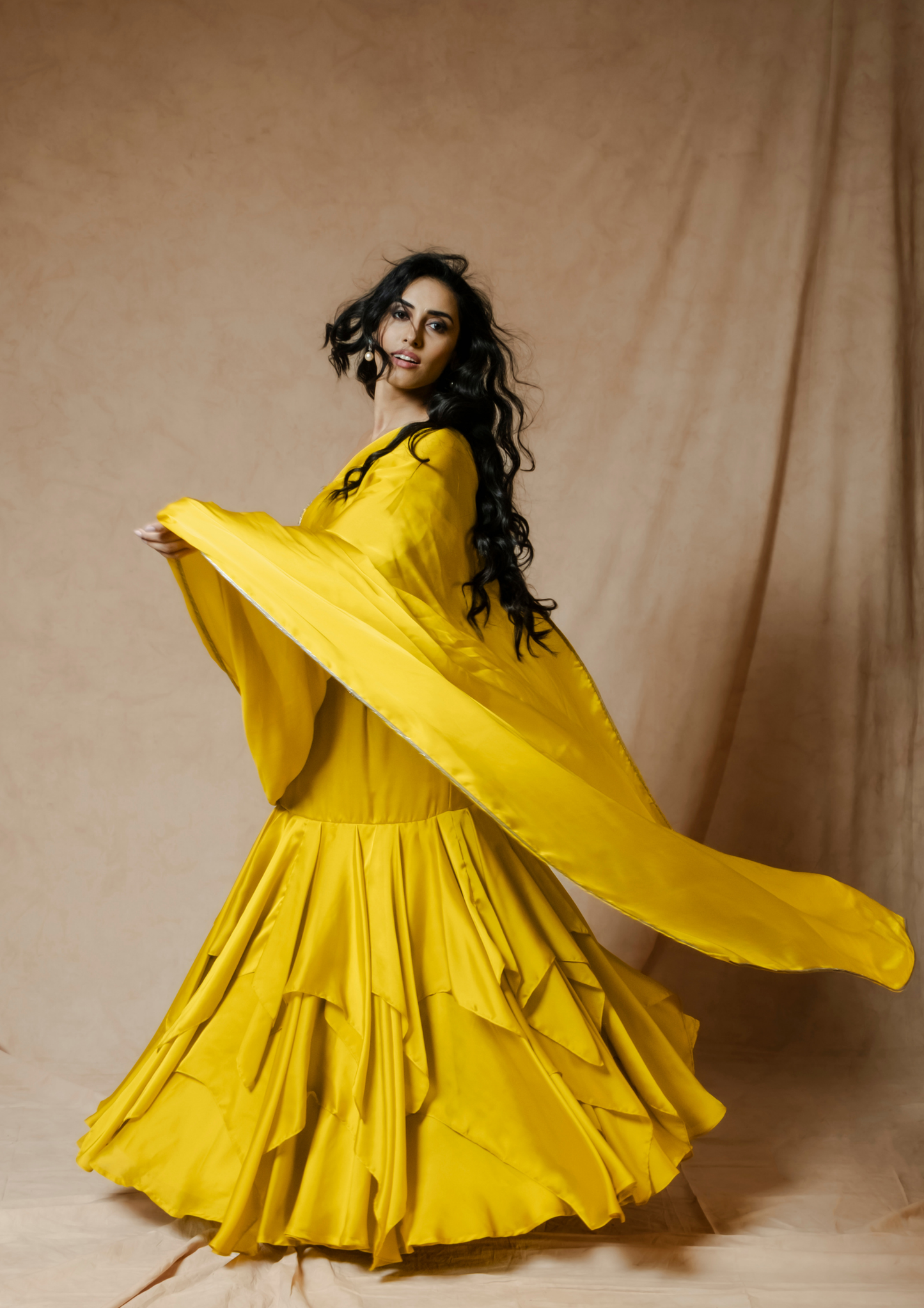Noor Mustard waterfall Pre-stitched Saree Set