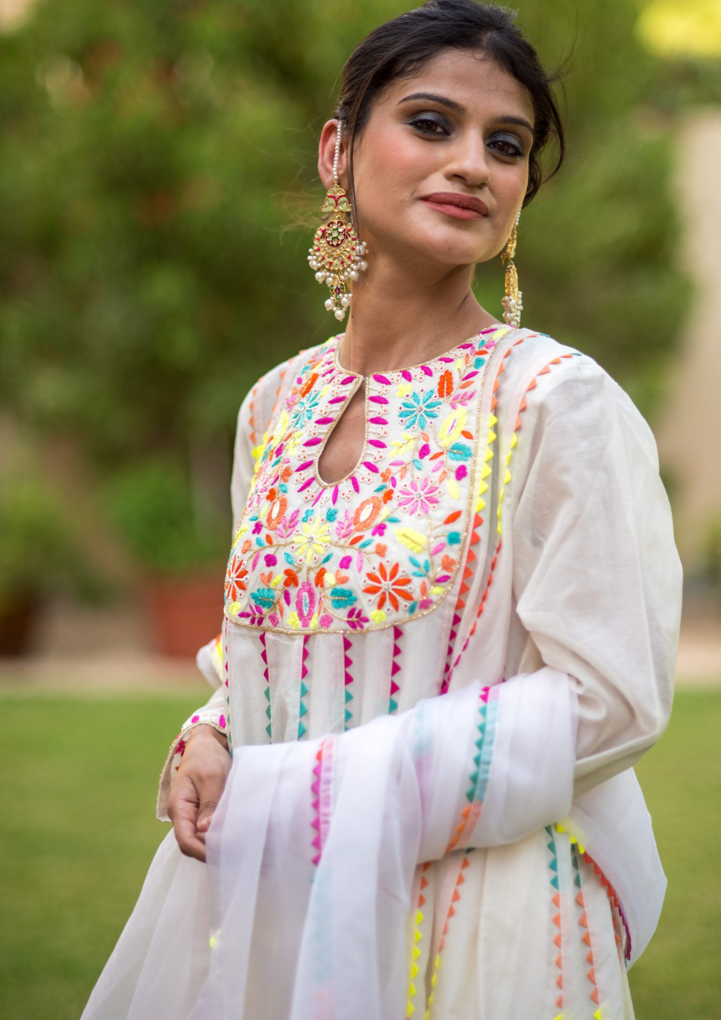 Akira Araya White and Neon Anarkali Kurta Set