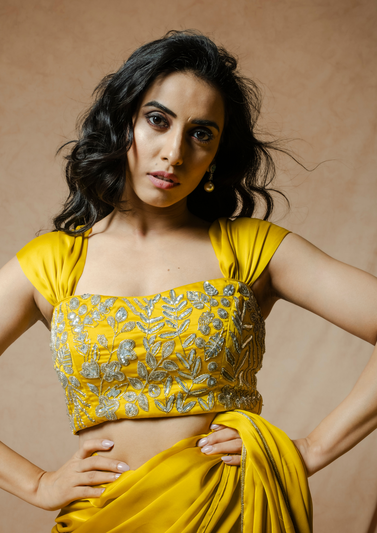 Noor Mustard waterfall Pre-stitched Saree Set
