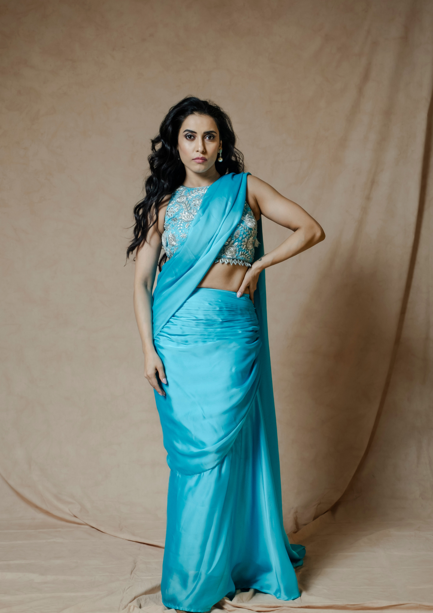 Noor Turquoise Pre-stitched Saree Set