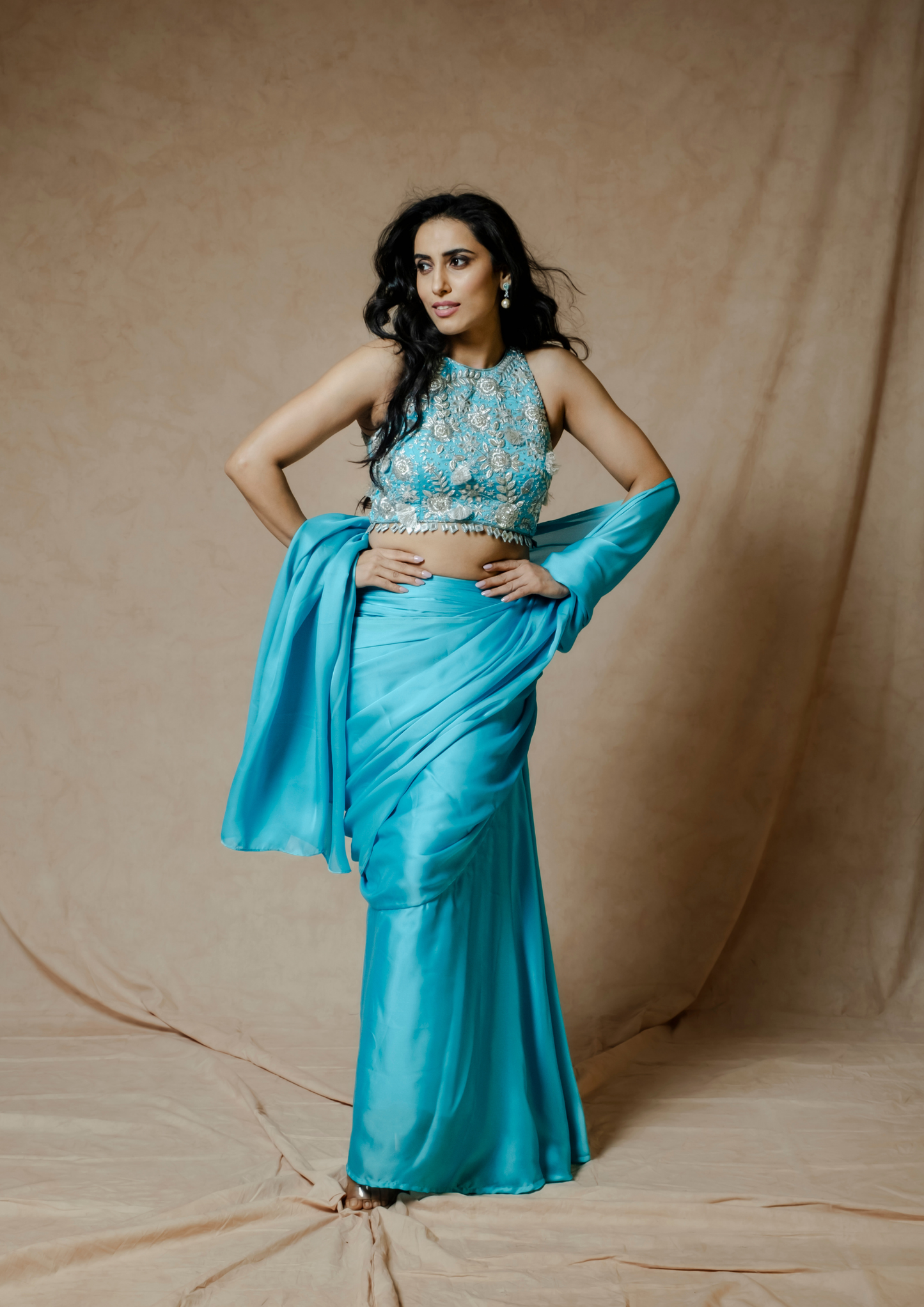 Noor Turquoise Pre-stitched Saree Set