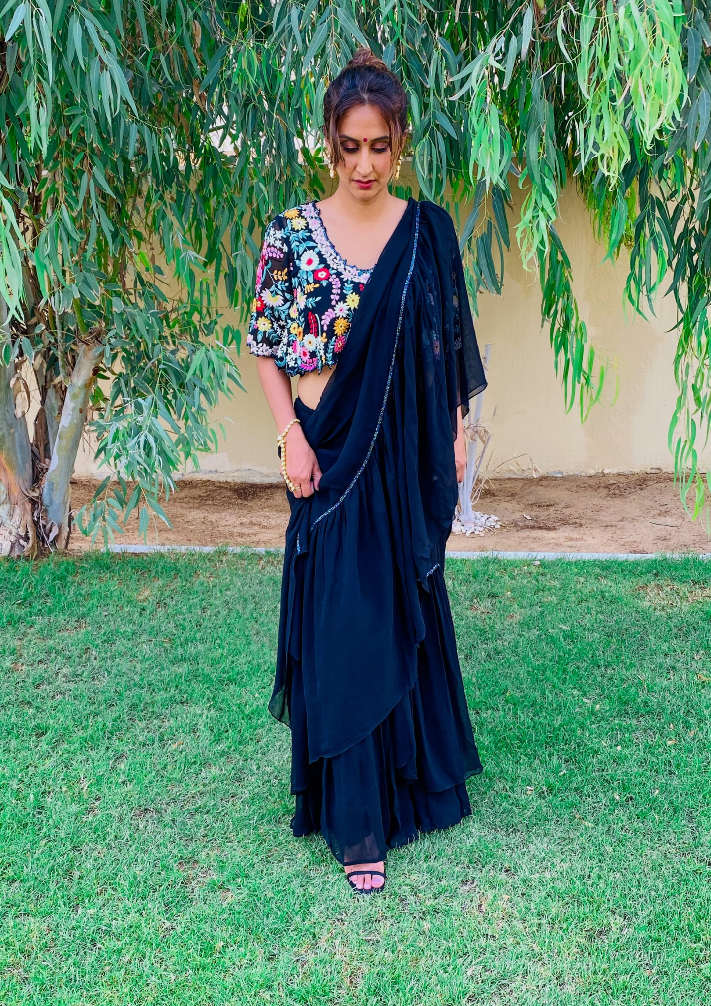 Sorbet Black Pre- Stitched Ruffled Saree and Crop Blouse