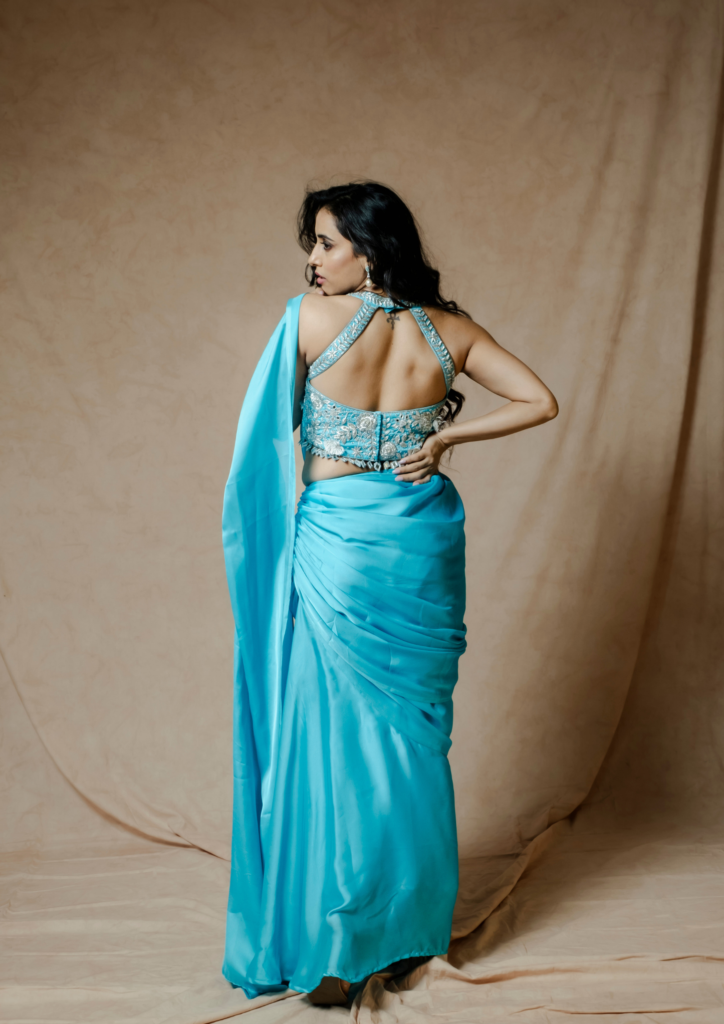 Noor Turquoise Pre-stitched Saree Set