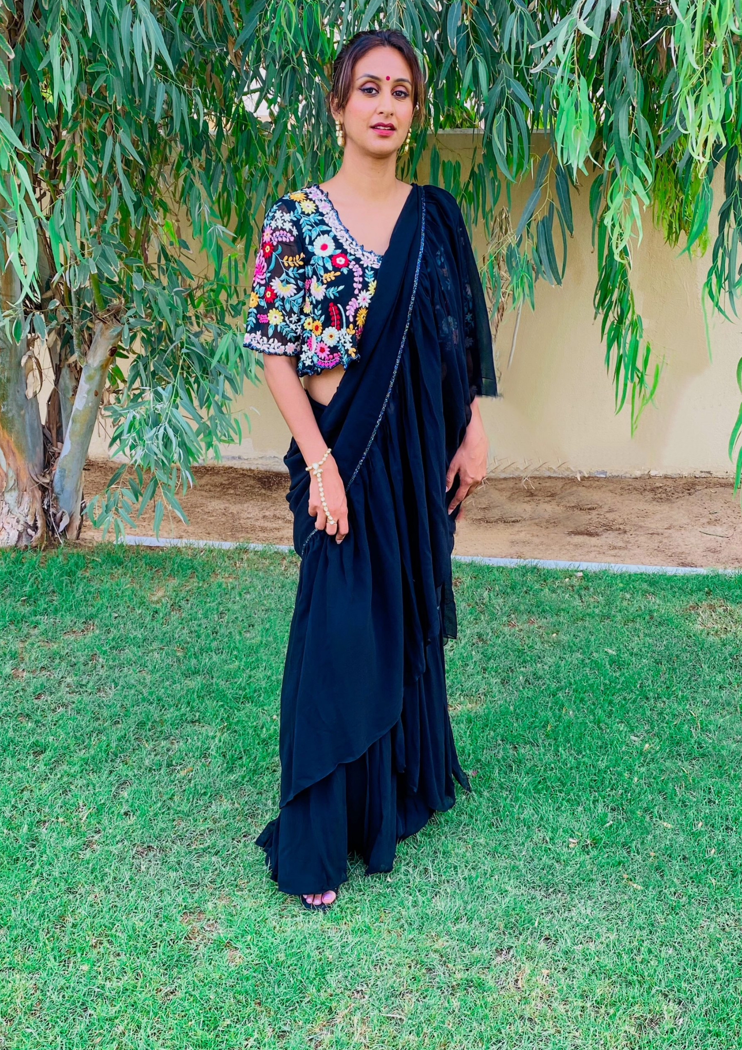 Sorbet Black Pre- Stitched Ruffled Saree and Crop Blouse