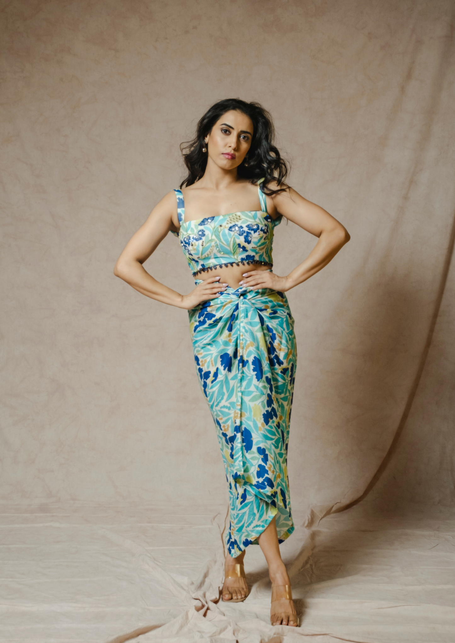 Noor Blue Foliage Draped skirt and top Set.