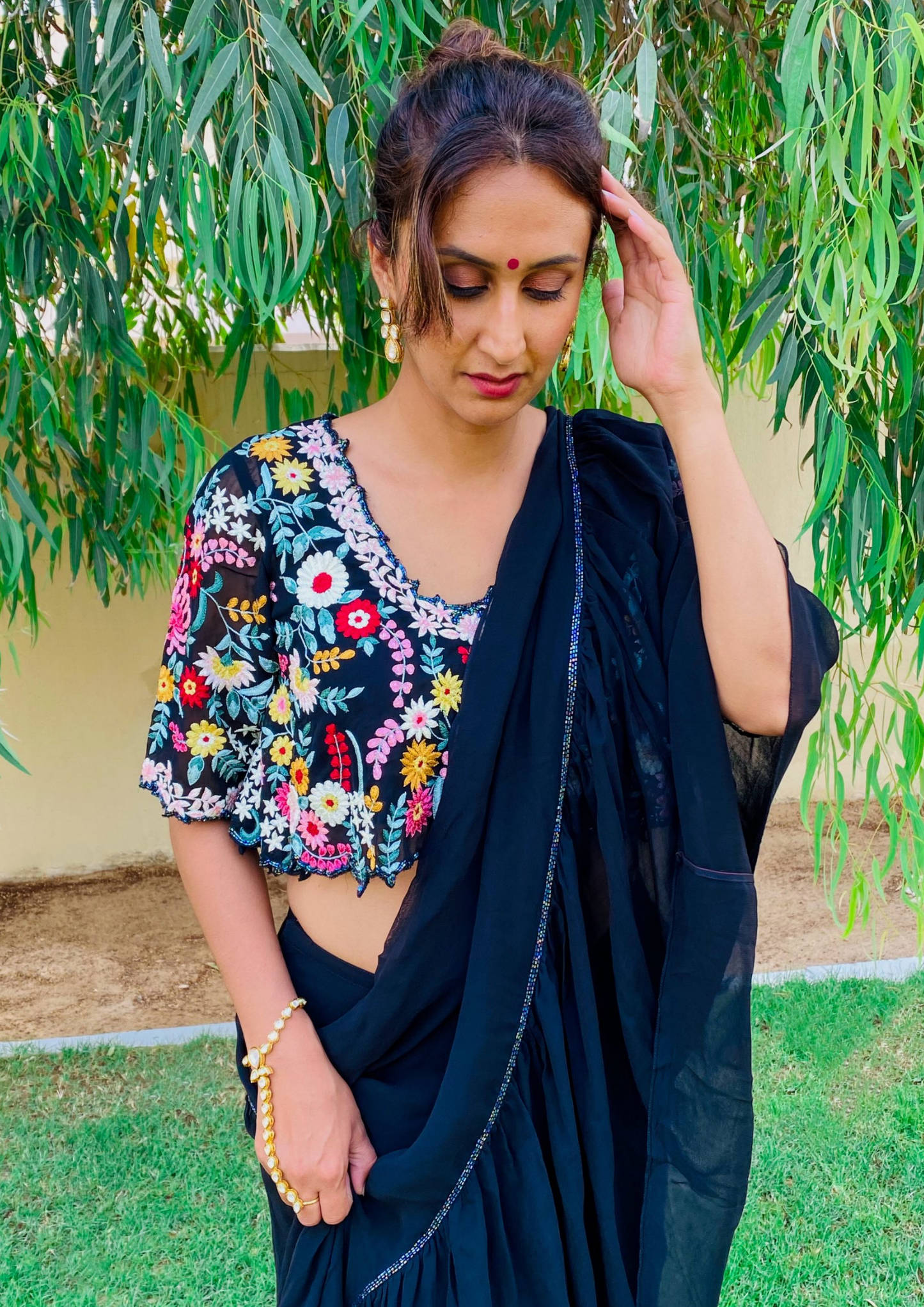 Sorbet Black Pre- Stitched Ruffled Saree and Crop Blouse