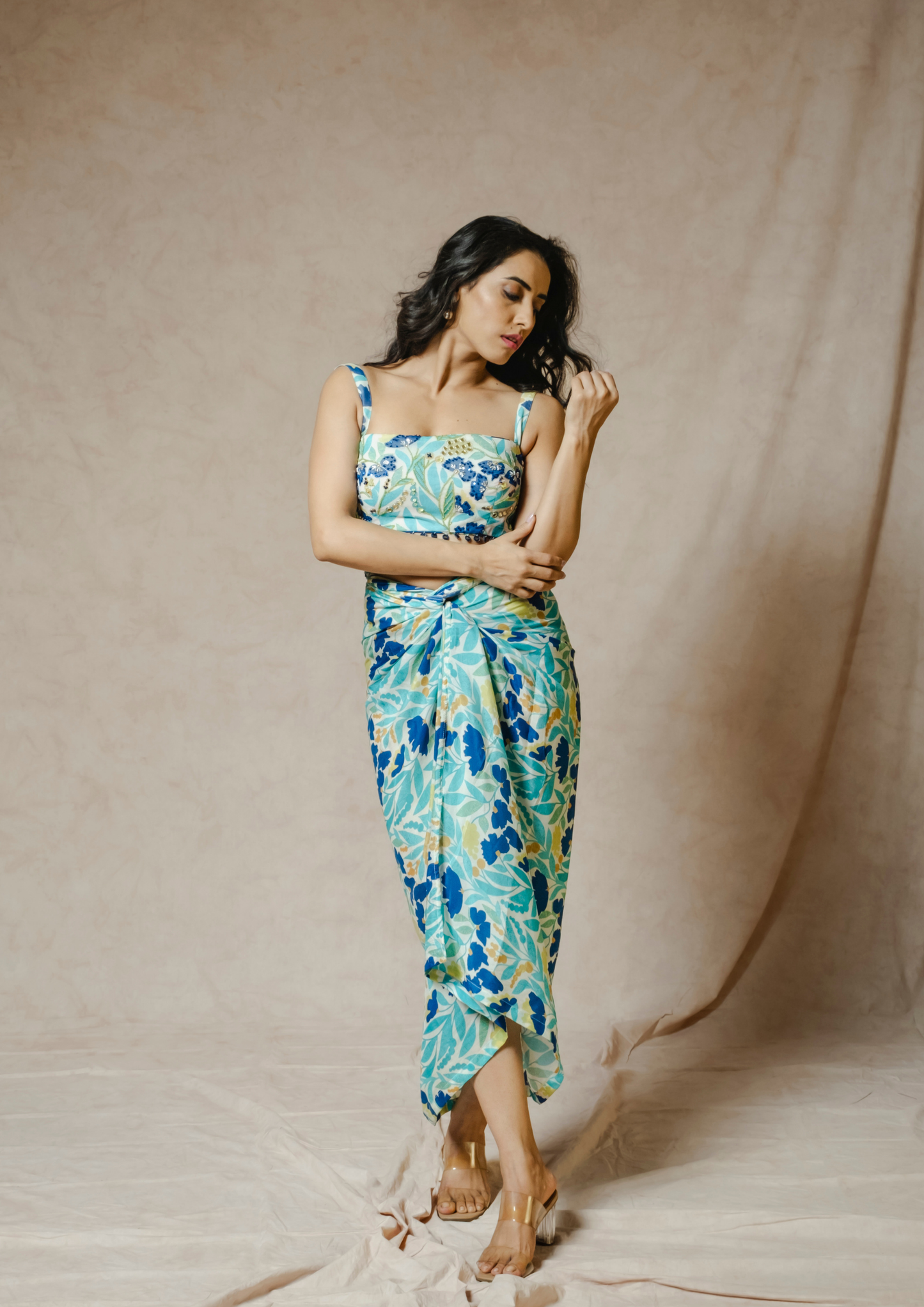 Noor Blue Foliage Draped skirt and top Set.