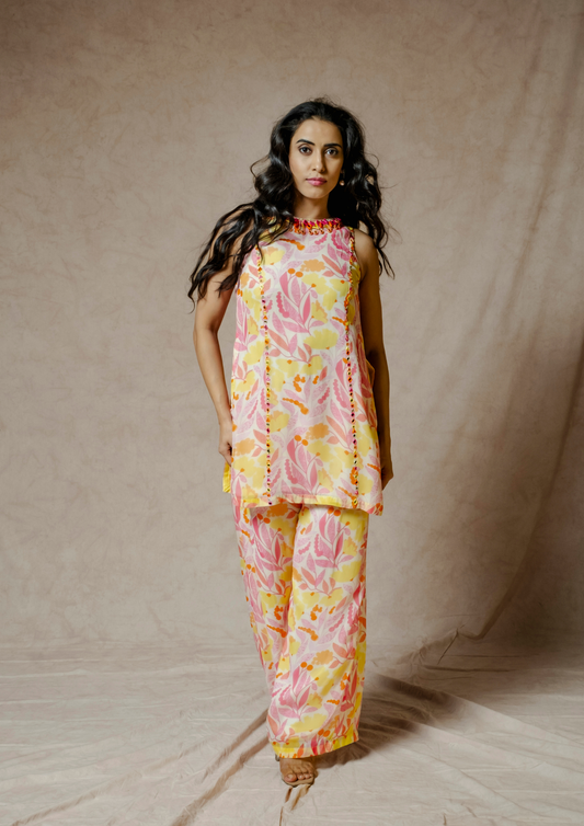 Noor Floral 3D Appliquéd Kurta Set in Pink and Yellow.