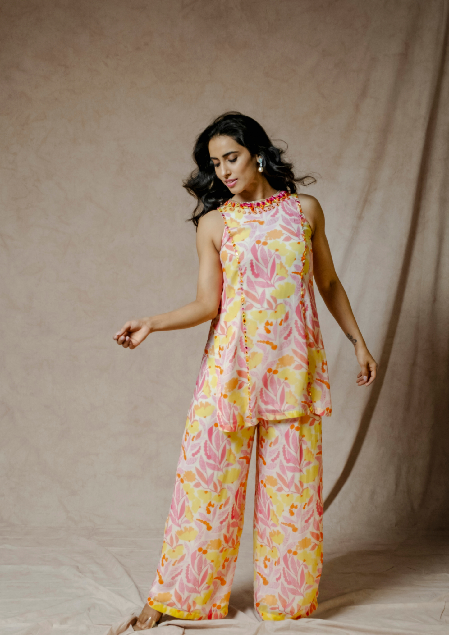 Noor Floral 3D Appliquéd Kurta Set in Pink and Yellow.