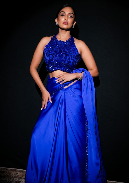 Noor Cobalt Blue Hand Embroidered Blouse with Pre Draped Saree