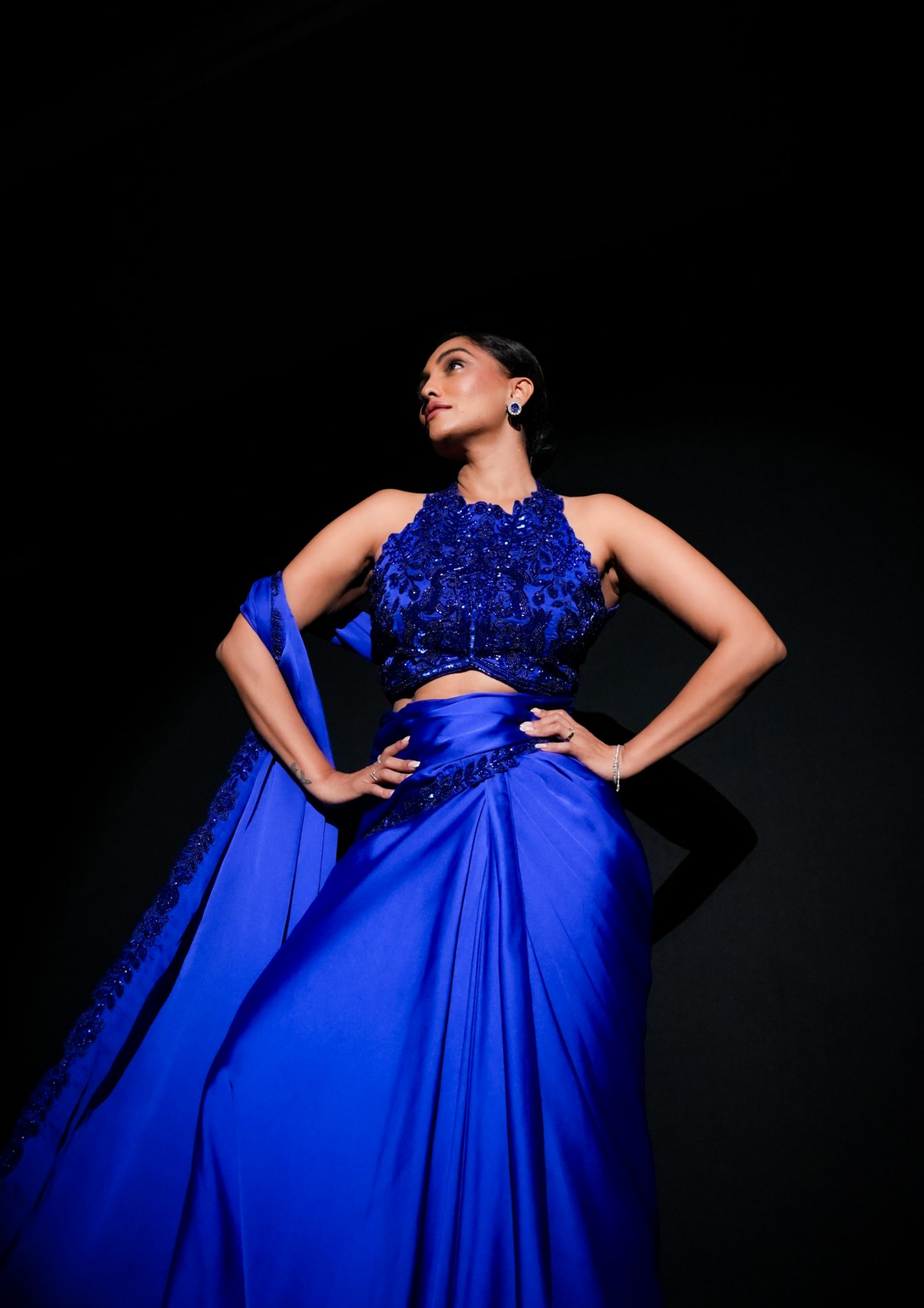 Noor Cobalt Blue Hand Embroidered Blouse with Pre Draped Saree