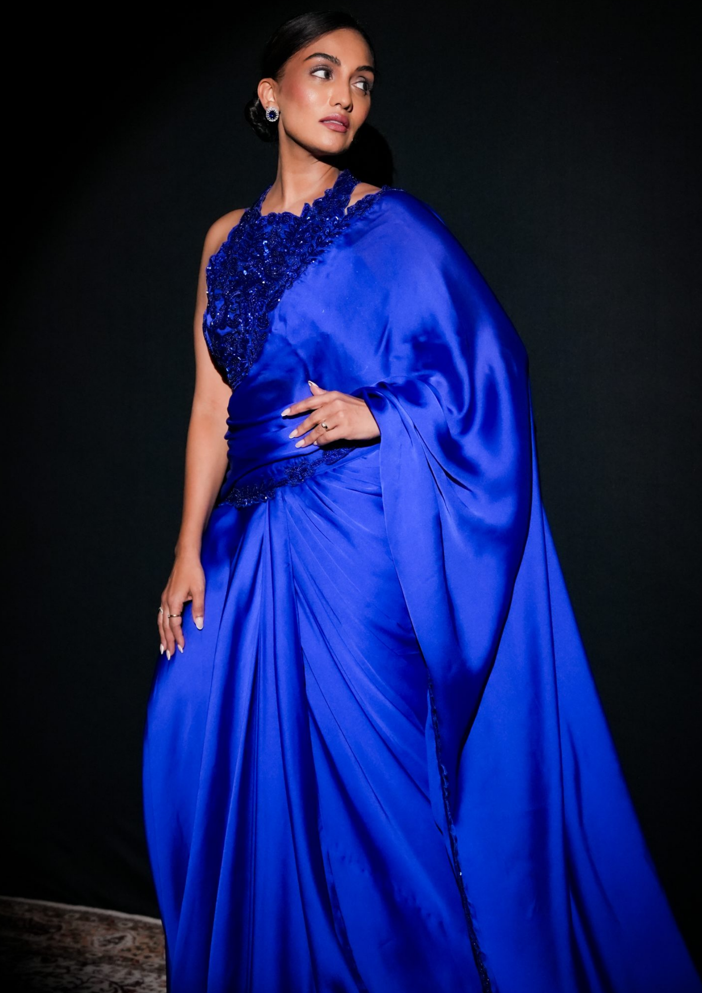 Noor Cobalt Blue Hand Embroidered Blouse with Pre Draped Saree