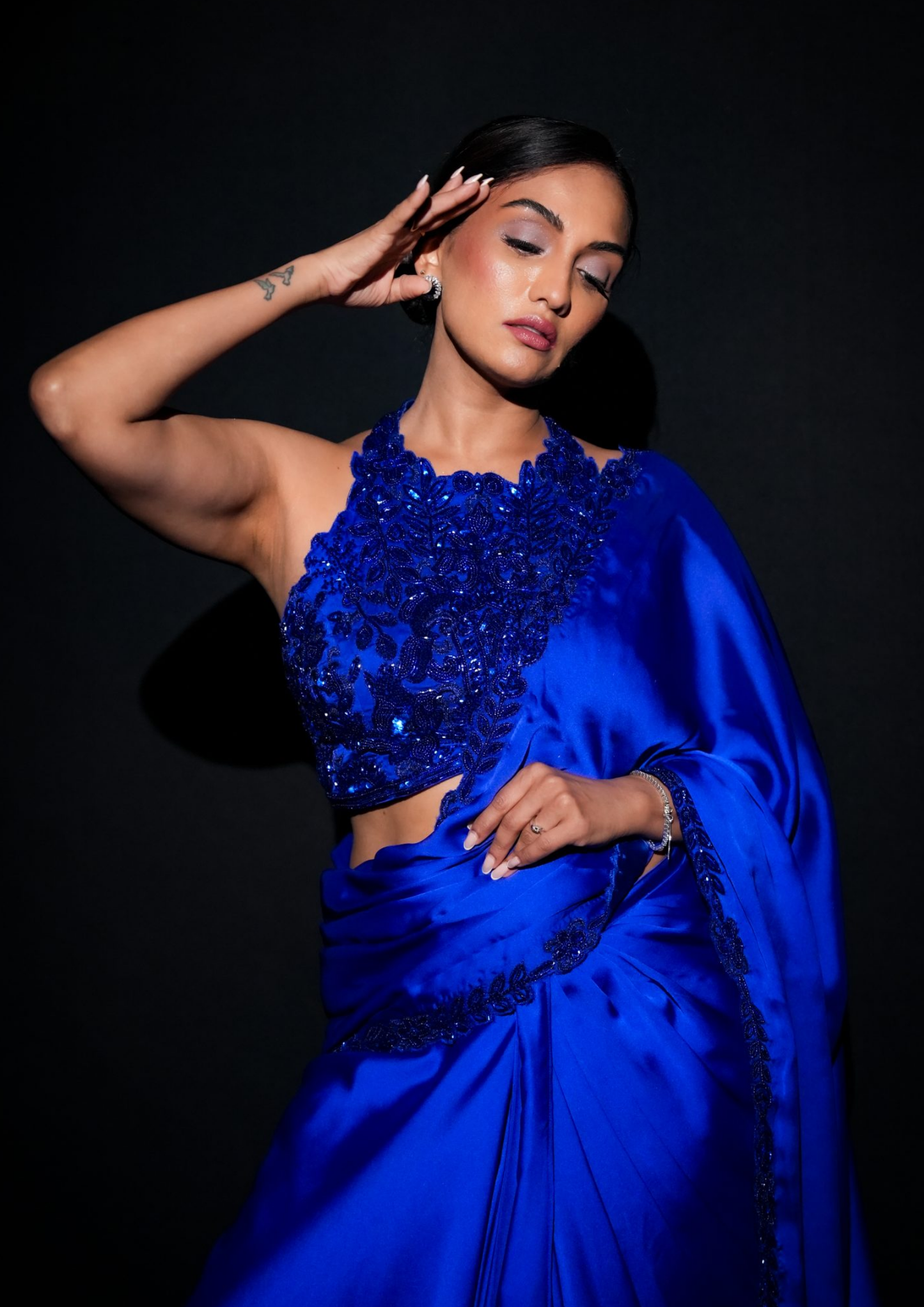 Noor Cobalt Blue Hand Embroidered Blouse with Pre Draped Saree
